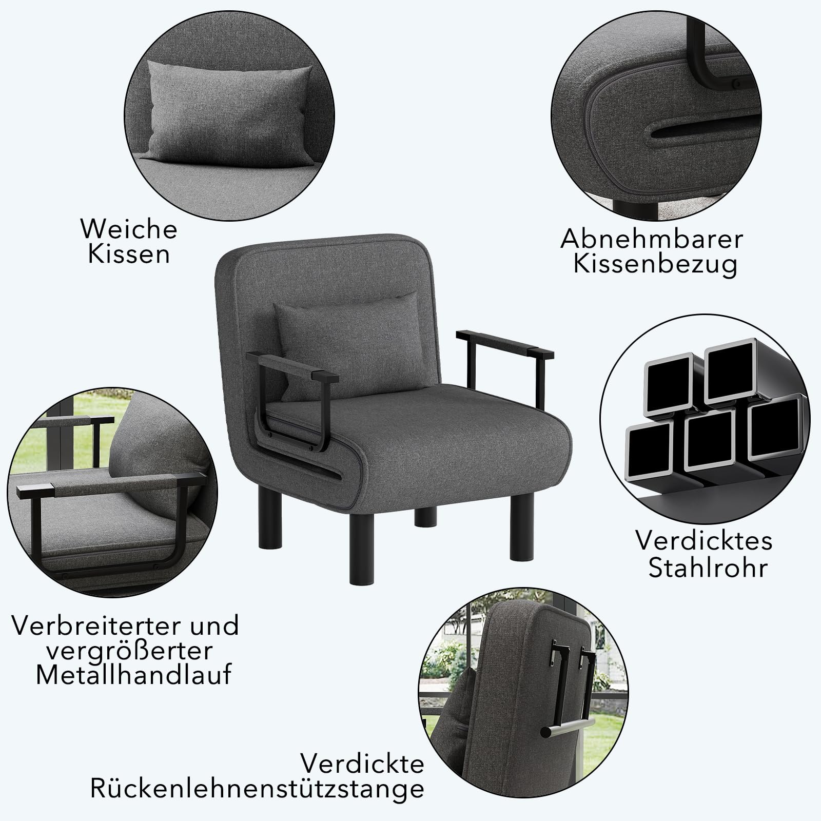 Schlafsessel 4 in 1 mit Bettfunktion, Gästebettfür, Schlafsofa mit Bettfunktion, Sessel mit Schlaffunktion mit Verstellbar Rückenlehne für Schlafzimmer Wohnzimmer Balkon, Dunkelgrau
