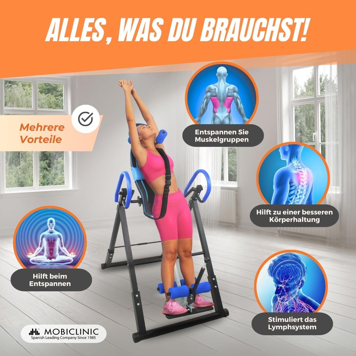 Mobiclinic® fitness, Inversionstisch, Klappbar, Neigung 180°, Bis 120 kg, Verstellbar, Lendenkissen und kopfstütze, Vier sicherheitssysteme, Stretching crunches, Stahl