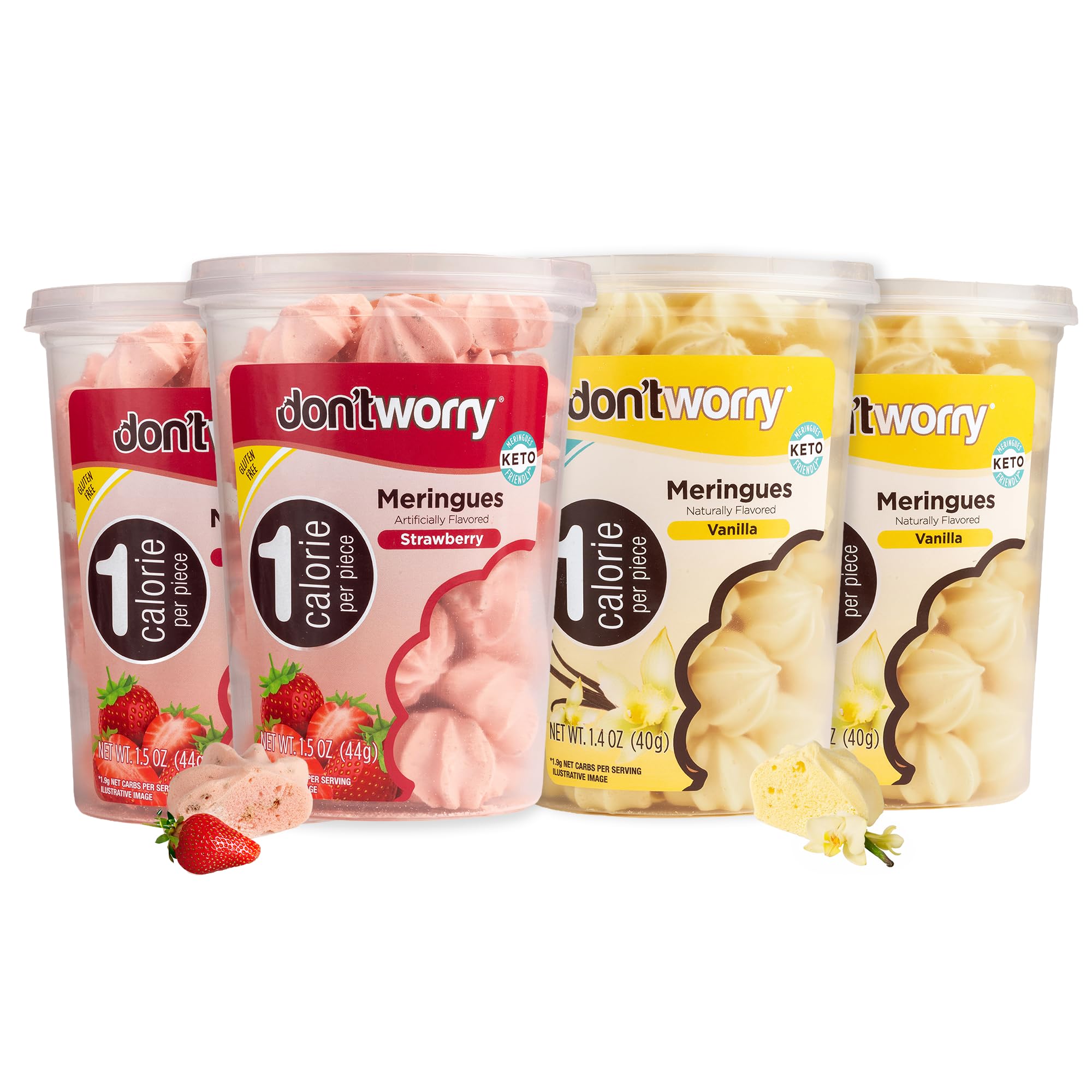 Don't Worry Meringue Cookies, Strawberry & Vanilla Healthy Snacks | Low Sugar Candy with 1 Calorie per Piece | Keto Friendly Gluten Free Dessert and Healthy Snacks For Adults