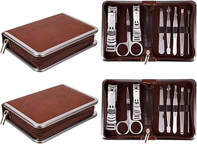 2 Pack - Mens Manicure Set Nail Clippers Pedicure - 8 Pieces Stainless Steel Kit, Professional Grooming Kits, Nail Care Tools with Travel Case (Brown)