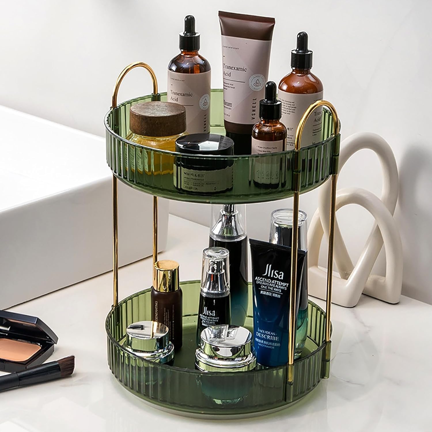 Photo 1 of **AMBER GOLD**Zufudo Rotating Makeup Organizer Countertop 2 Tier Lazy Susan Trays Clear Skincare Perfume Storage for Bathroom Counter Vanity, Amber Gold