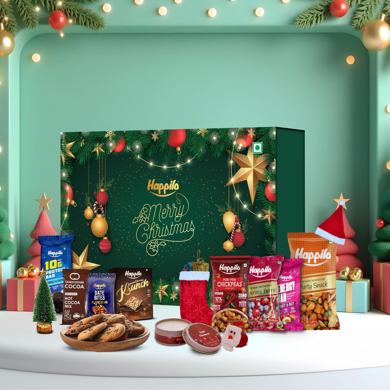 Happilo Christmas Gift Box Comet 350g Healthy Gift Hamper with Gourmet Snacks & Dry Fruits | Corporate Gift Basket for Clients | Employees & Personal Gifting | Festive Gift Hamper I Gourmet Hamper| Ideal for Festive Gifting | Tree | Stocking | Santa Hat | Candles | Party Snacks | Bar | Chickpeas | Date Bites | Hot Chocolate Mix