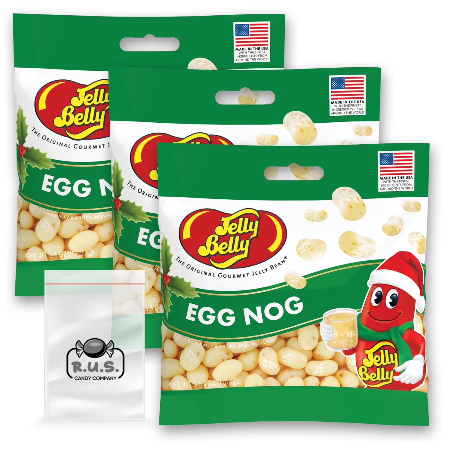 Jelly Belly Egg Nog Jelly Beans- 3 Pack - 3.5 oz each, Gourmet jelly beans - Indulge in Creamy Holiday Bliss! Perfect Candy Treat for Festive Snacking comes with with 1 R.U.S. Candy Company pocket size travel bag (Egg Nog)