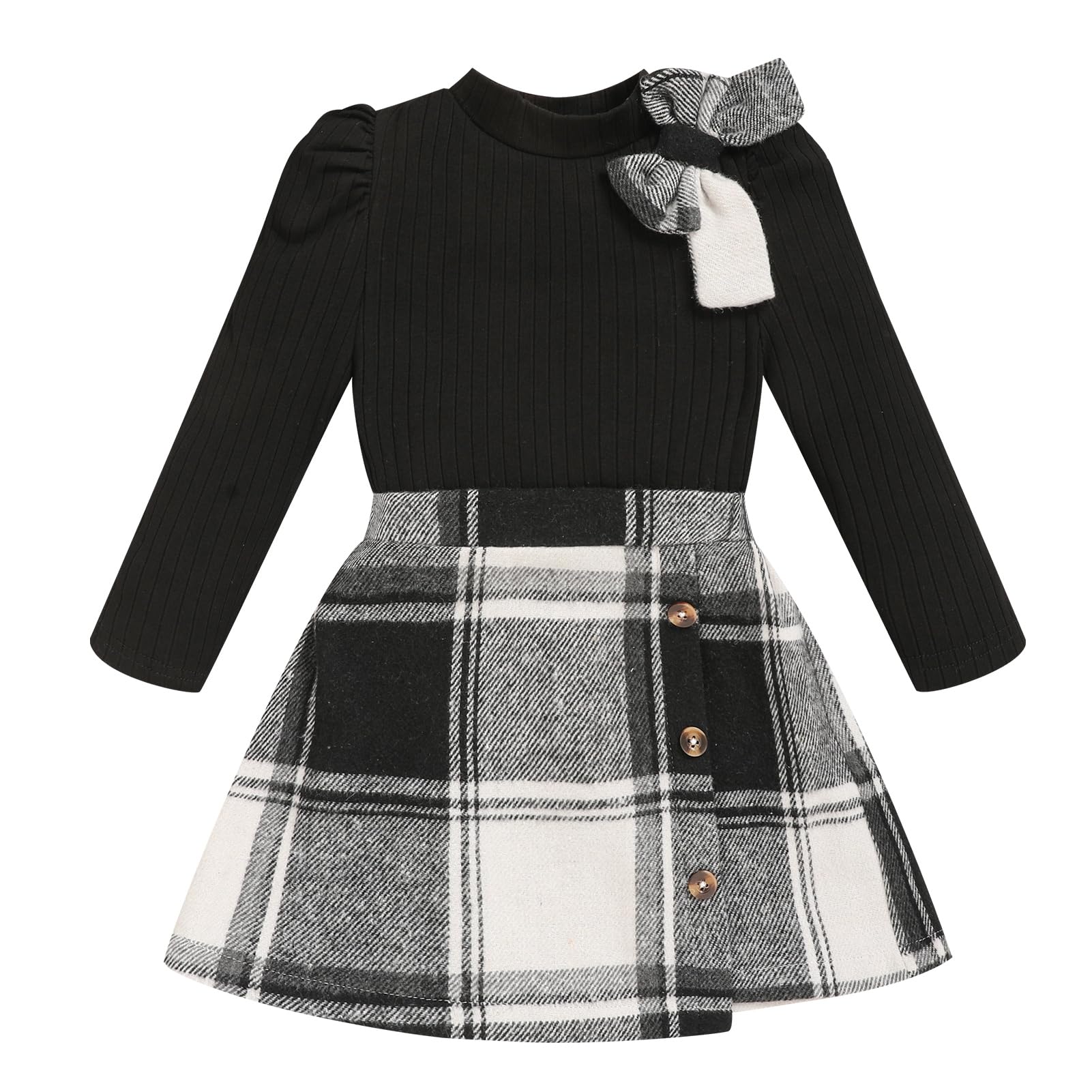 Toddler Girl Plaid Outfits Fall Winter Dress Knit Ribbed Bow Sweatshirt Tops and Button Fashion Skirts Set