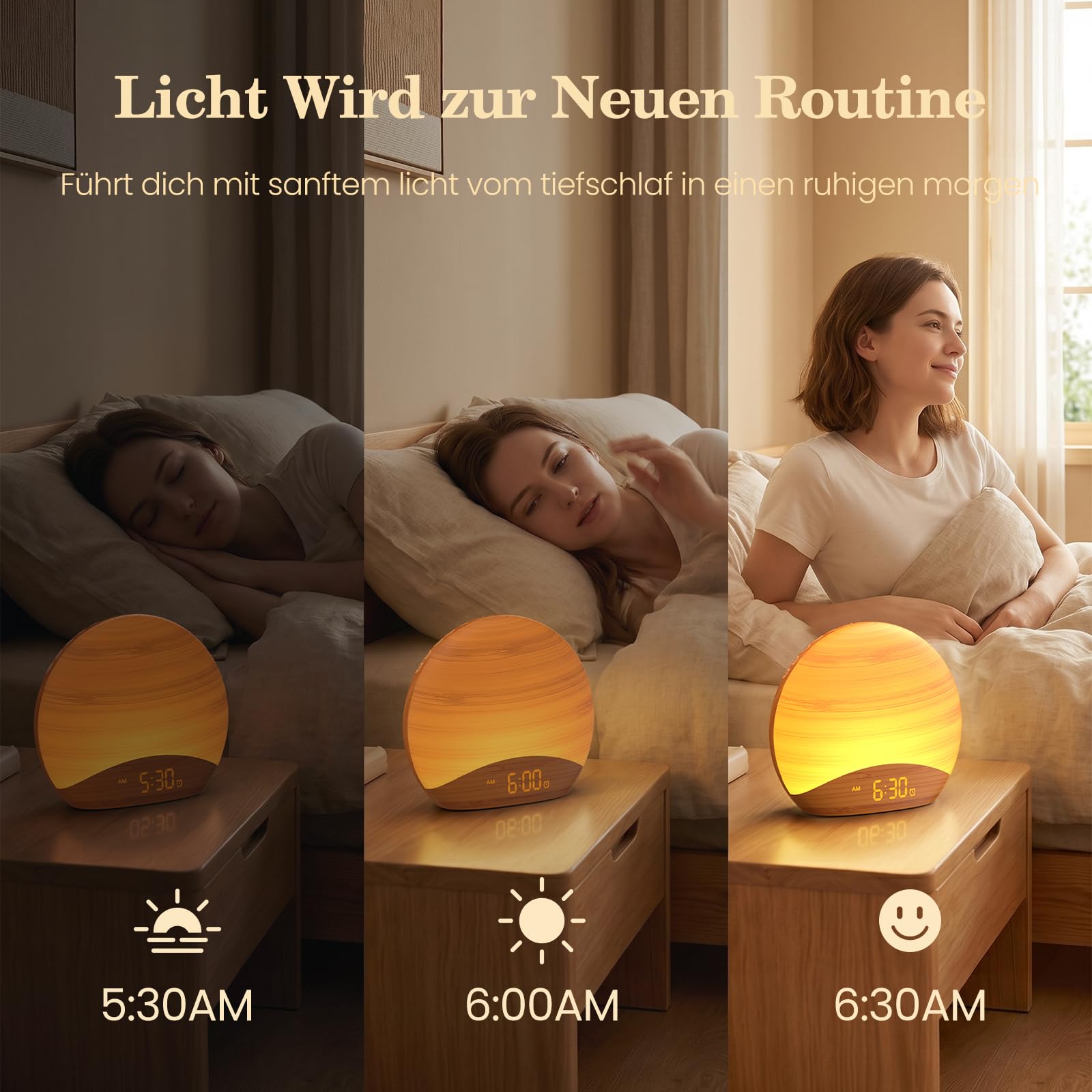 REACHER Lichtwecker Sonnenaufgang, Dimmbare Uhr, 26 Beruhigender Klängen, Nachttischlampe Holz für Schlafzimmer