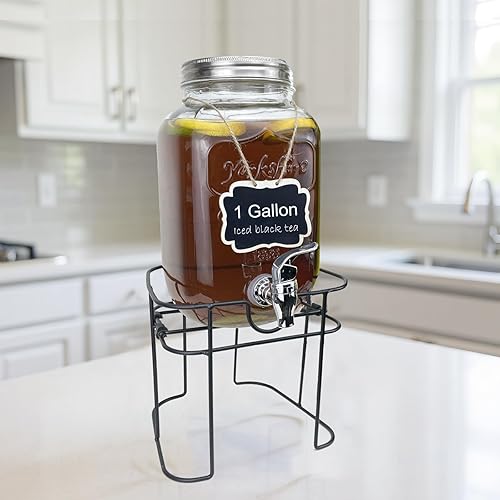 Miniatura 4 de Dispensador de bebidas de vidrio de 1 galón para fiestas, 1 dispensador de agua de té helado de limonada con soporte, dispensadores de bebidas