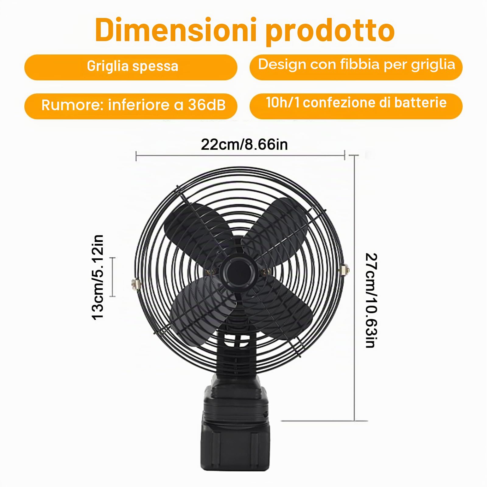 Ventilatore Metallico Ricaricabile 8 Pollici, Ventilatore Senza Fili con 2 Batterie 3000mAh, 2 Velocità Regolabile per Campeggio, Officina, Casa (2 Batterie + 1 Caricatore)