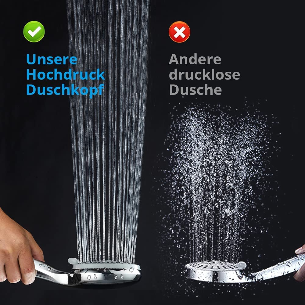 Alcachofa de ducha con manguera de ducha de lluvia de alta presión: ahorro de agua con manguera de 2 m, cabezal de ducha de alta presión, masaje, cromo, universal, grande, 5 tipos de chorro, para