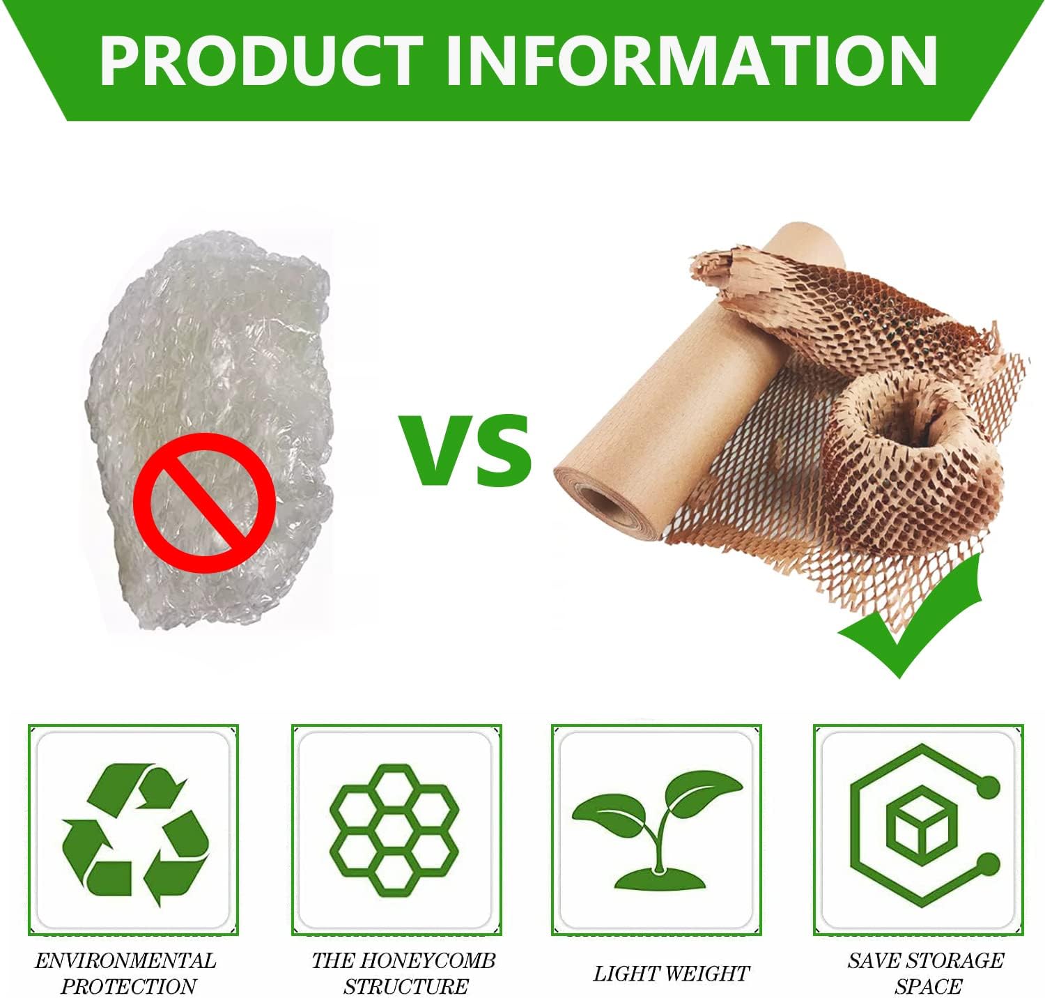 Honeycomb Packing Paper Wrap 12"x200' Recycled Cushioning Wrapping Roll Eco Friendly Shipping Moving Green Wrap Packing Material with 20 Fragile Sticker Labels : Office Products