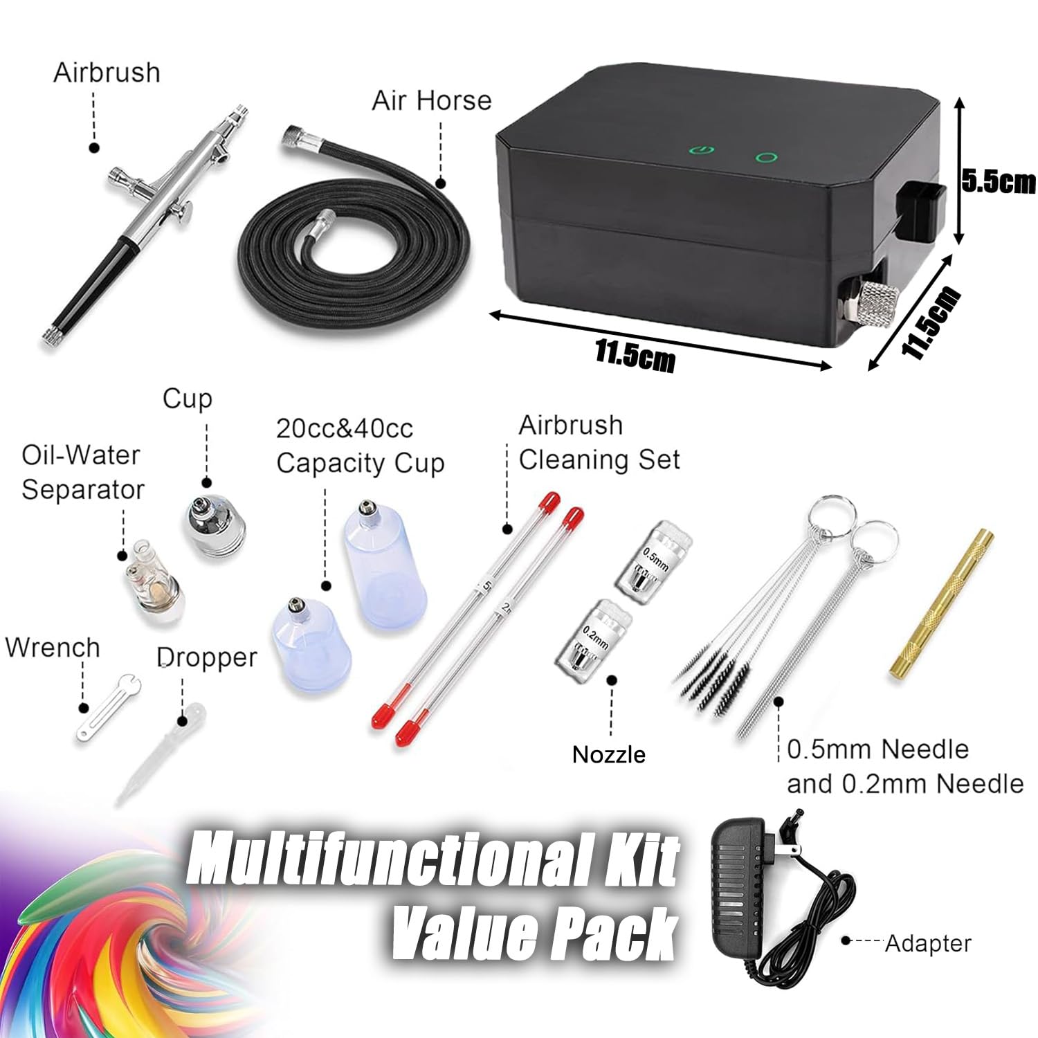 Kit compressore aerografo, 36 psi, doppia azione, non intasamento, ad alta pressione, con ugello da 0,2/0,3/0,5 mm, per nail art, modello, tatuaggio, trucco, torte, include set di pennelli per la