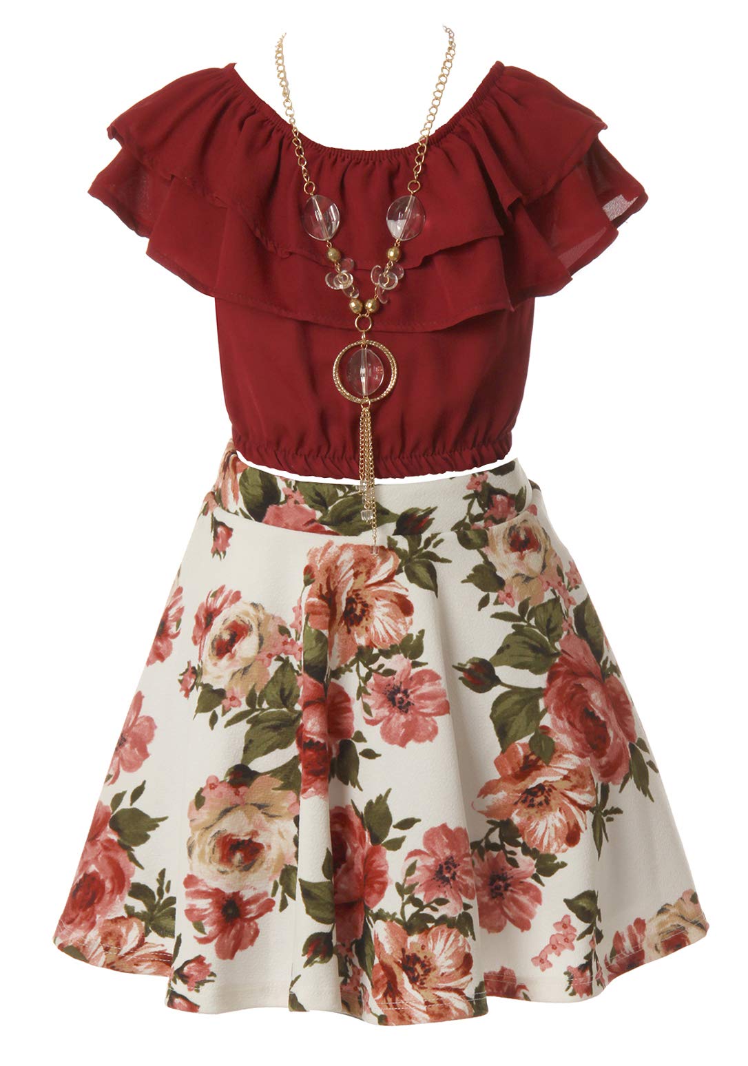 iGirlDress Girls Off Shoulder Crop Ruffle Layered Top and Skirt Set Outfit USA 4-14