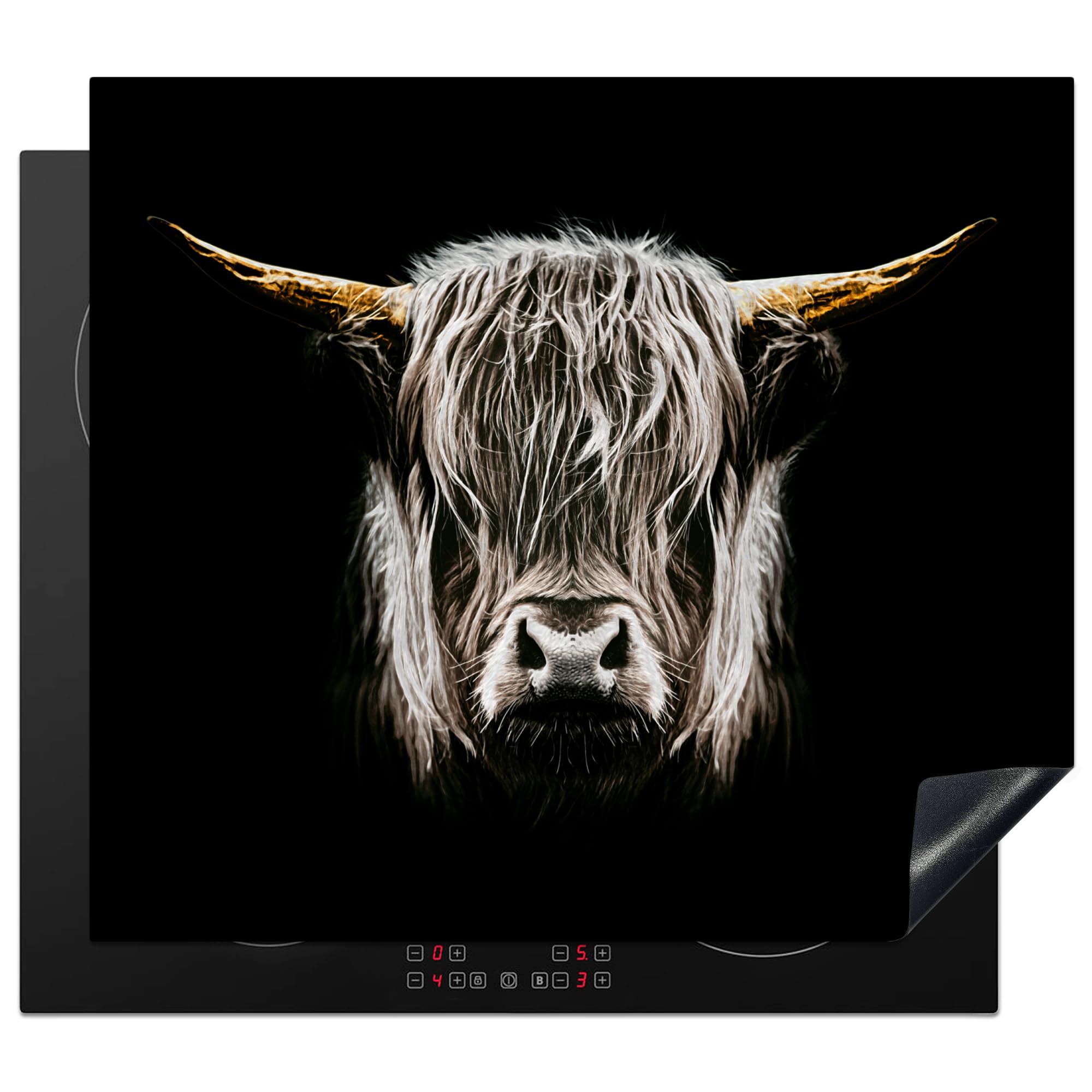 KitchenYeah© Herdabdeckplatte Einteilig Küche Herdabdeckung Induktionsfeld Ceranfeld Herdabdeckplatten Vinyl Matte Aufrollbar Schottisches Hochlandrind - Gold - Schwarz - Fell - Kuh - 58x51 cm