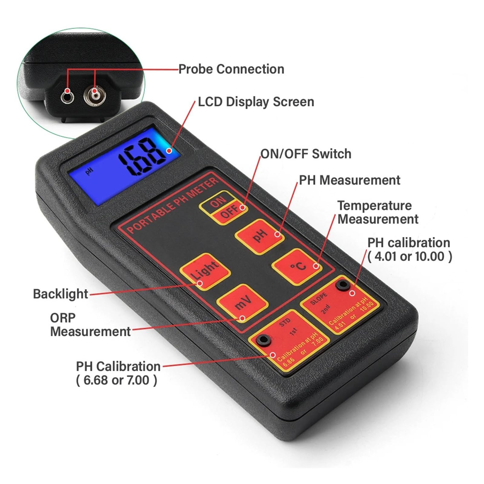 sonda de ph Medidor de pH y medidor de temperatura ORP PH-8424 Probador digital de calidad del agua 0-14 pH(1.2M probe Meter)