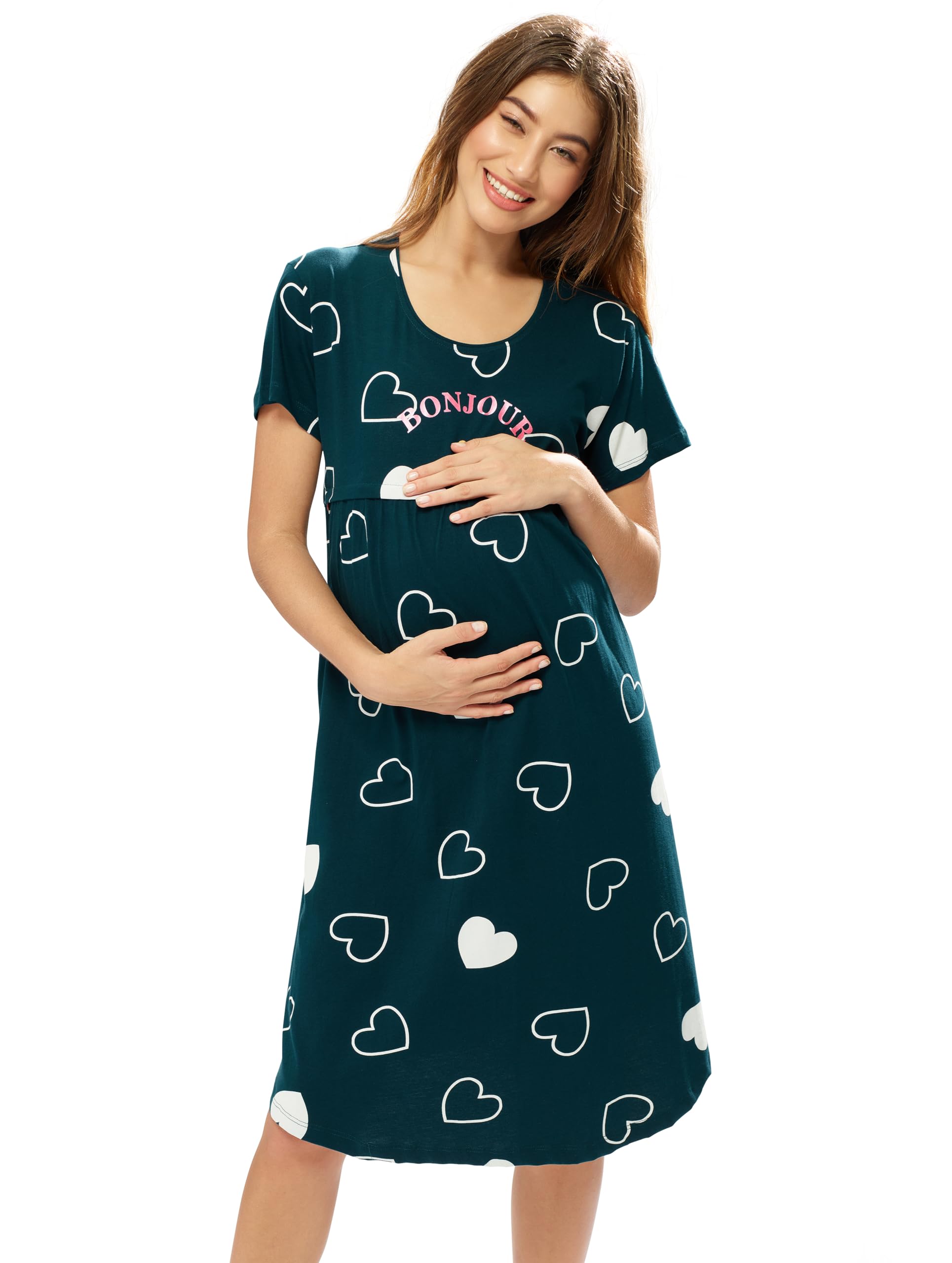 lotik Women's Cotton Heart Printed Maternity & Feeding Calf Length Short Nighty-picture-5
