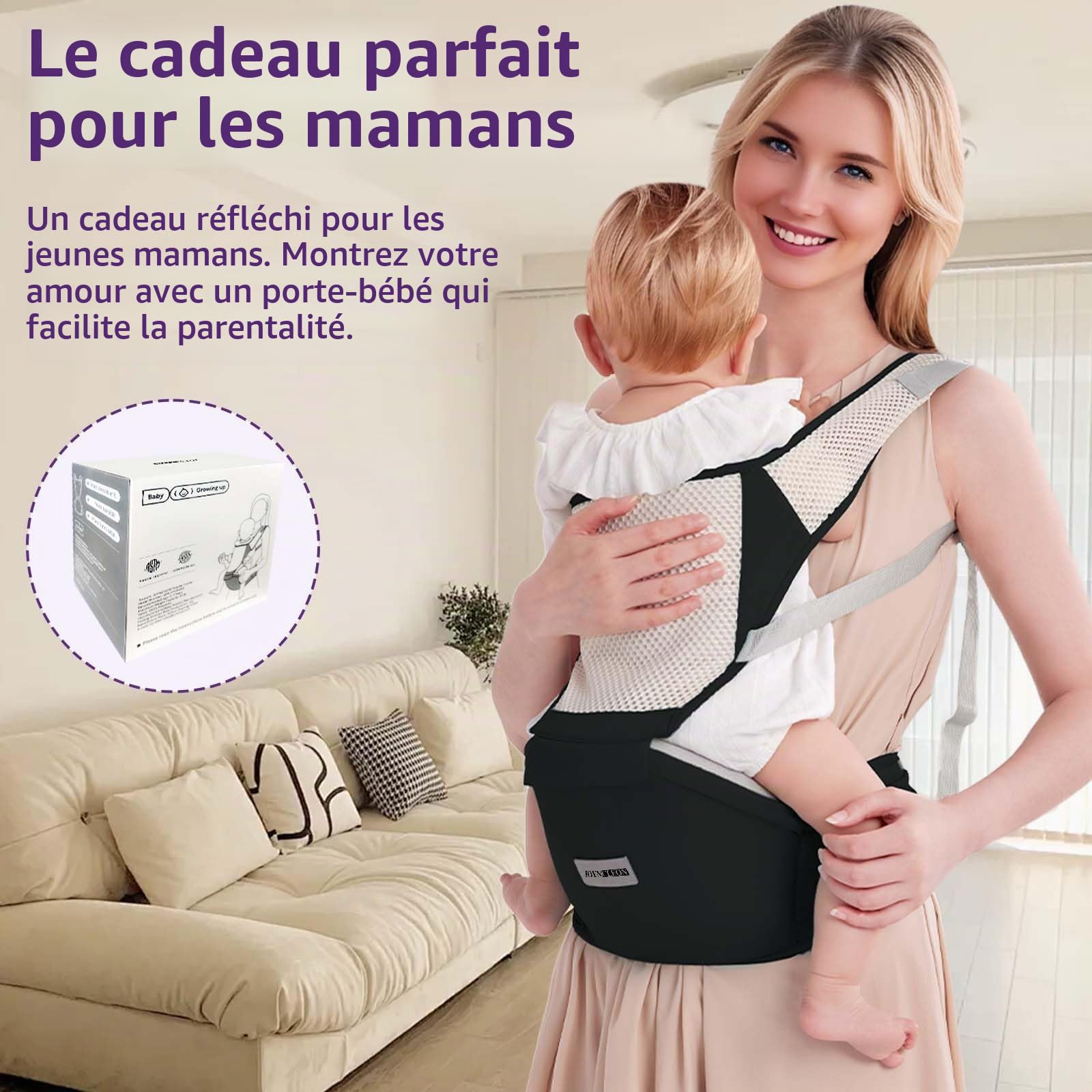 Porte-bébé Ergonomique avec Sangle Réglable - 6 en 1 Nouveau-né à Enfant en Bas âge, Porte-bébé Respirant en Mesh pour l'Été, Compact pour les Voyages & Aventures en Plein Air (noir)