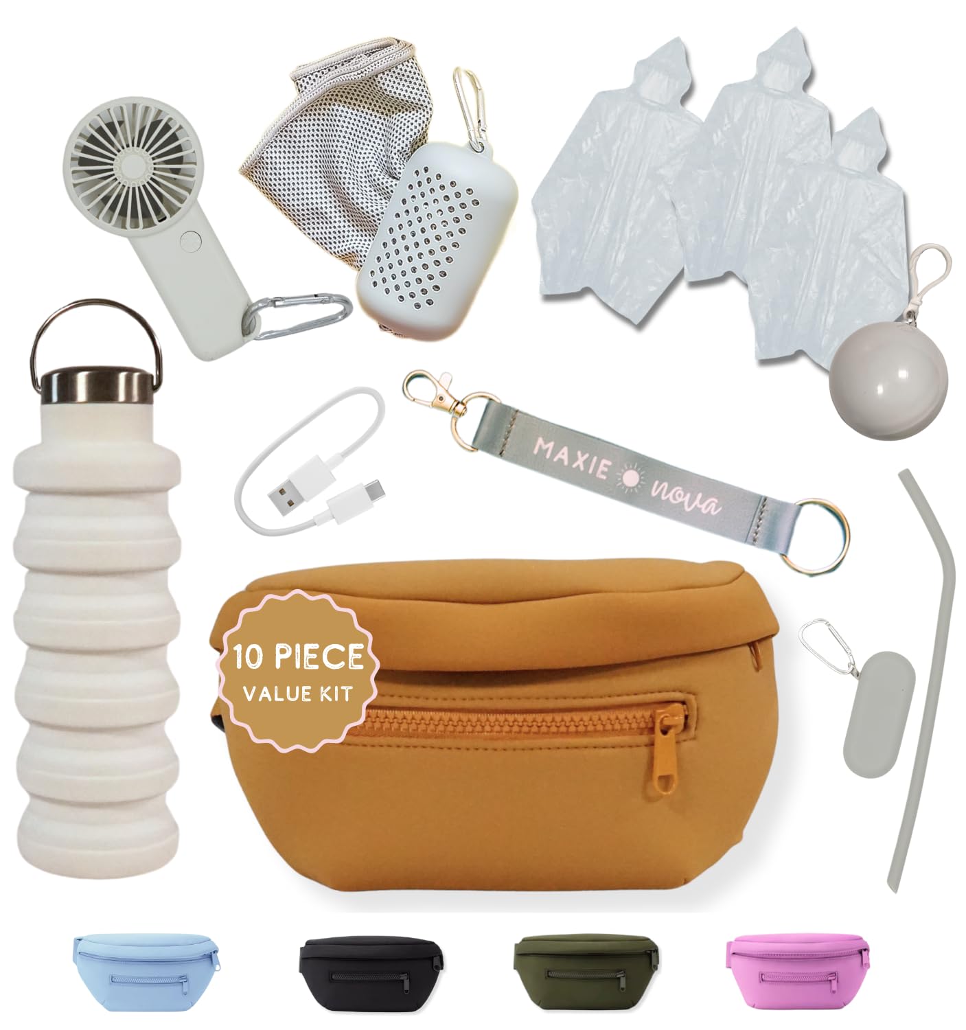 Maxie & Nova Theme Park Essentials Fanny Pack for Women -10 Pieces, Cruise Ship Essentials including USB Fan, Collapsible Water Bottle, Disposable