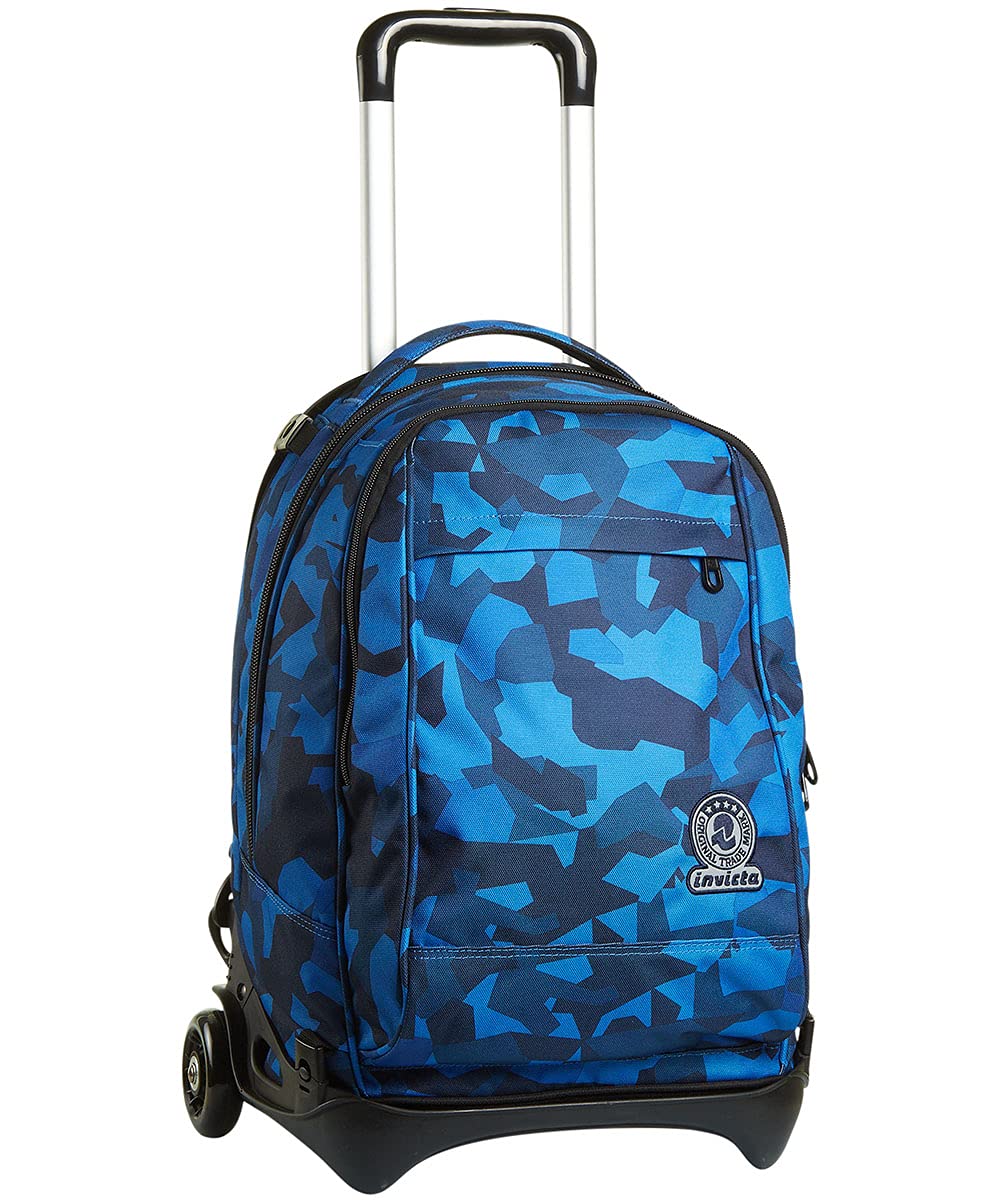 Invicta Trolley Scuola Tech, Blu, Camo Squared, 3 in 1, Triplo Uso, Zaino con Carrello Sganciabile e Crossover System, Zaini e Trolley, Viaggio