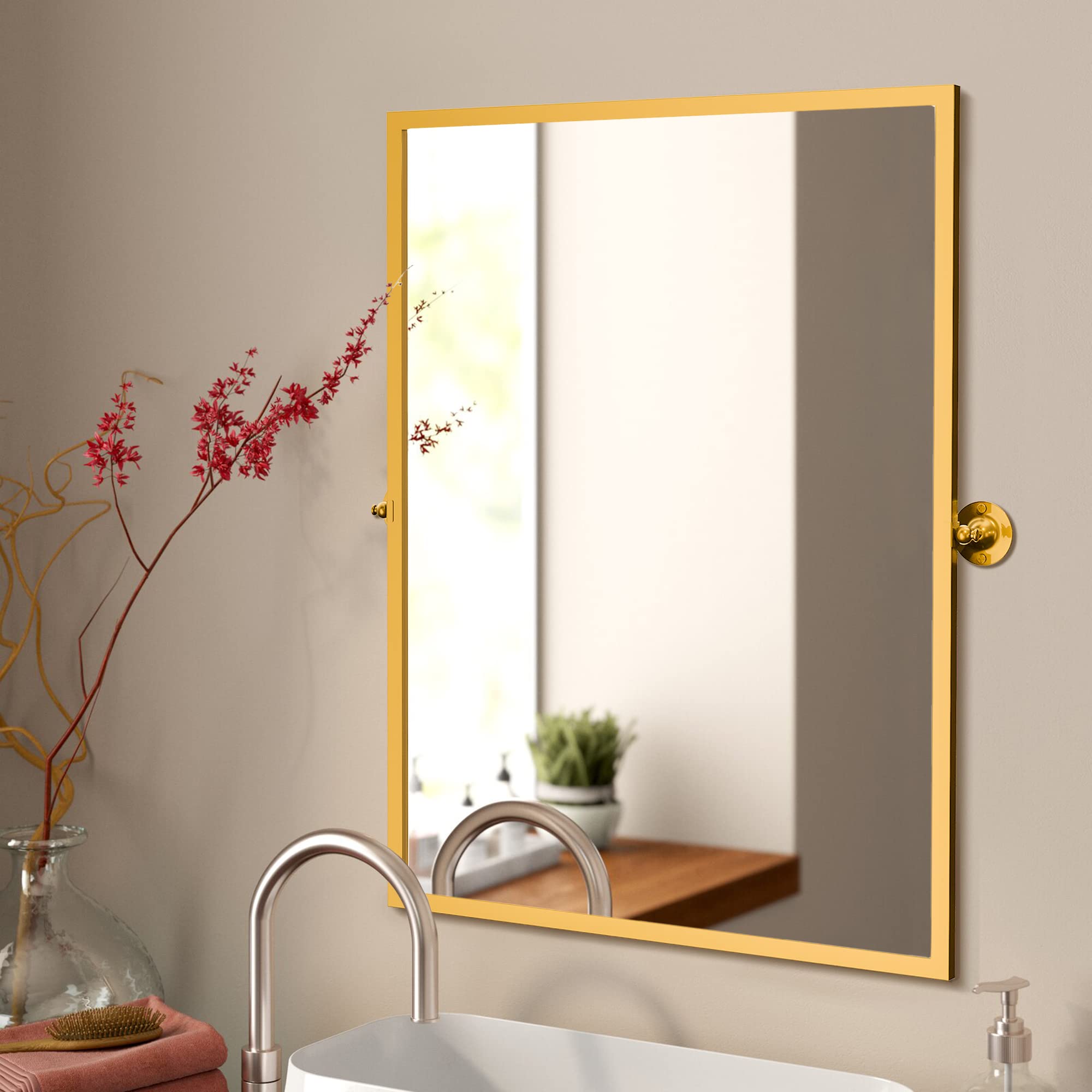 NeuType Bathroom Mirrors for Wall, Farmhouse Mirror Wall Mirror Pivot Bathroom Mirror for Entryways Living Rooms Metal Frame, Rectangular, Brushed Gold 26"x 38"