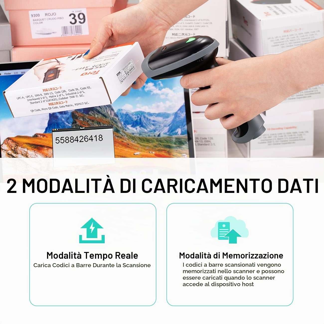 Tera Pro Series Scanner di codici a barre laser 1D USB Cablato e Bluetooth Scansione rapida e precisa per codici a barre ultra lunghi Plug and Play, L0013B-OG