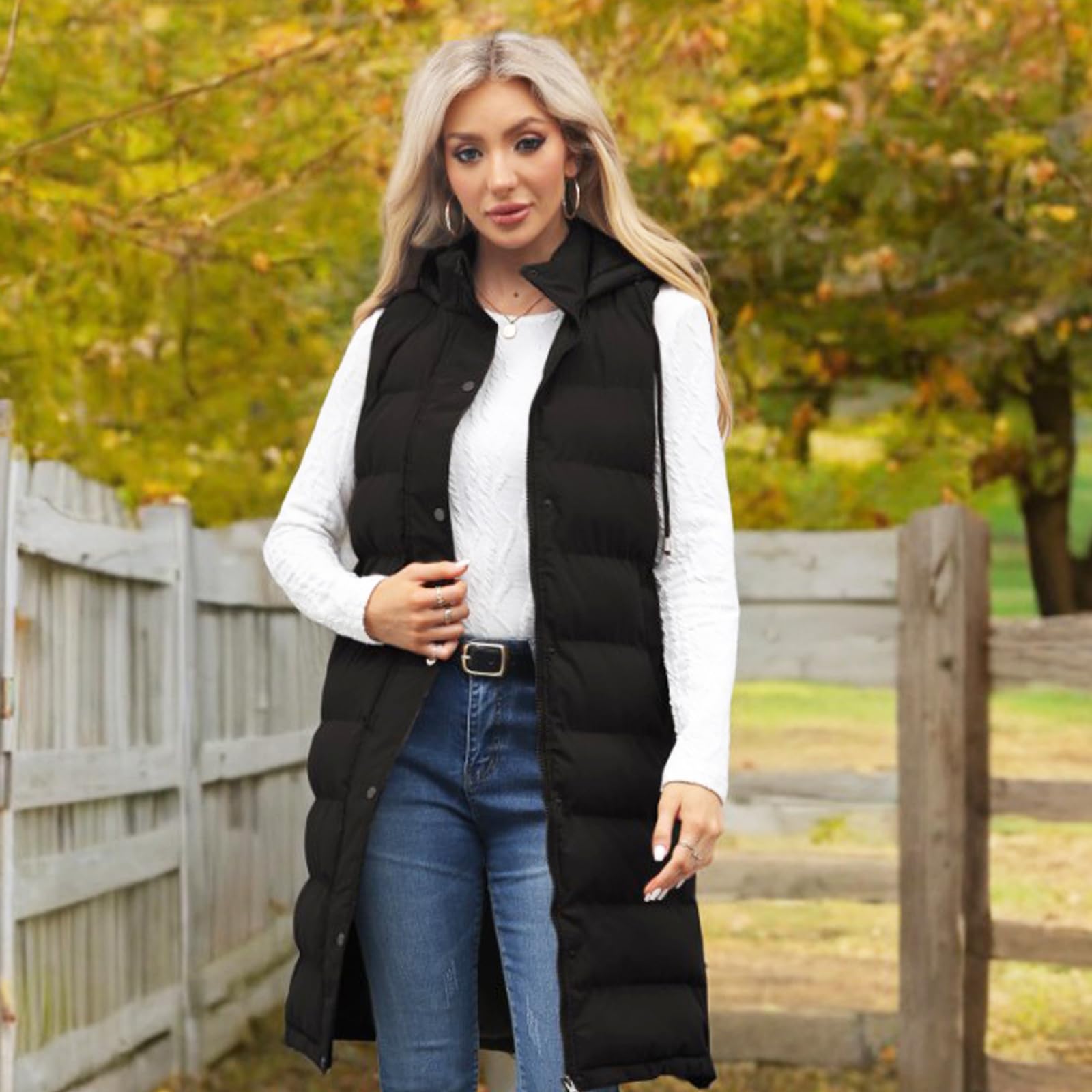 Chaleco Acolchado Mujer sin Mangas Largo Outwear Elegante Abrigos con Capucha