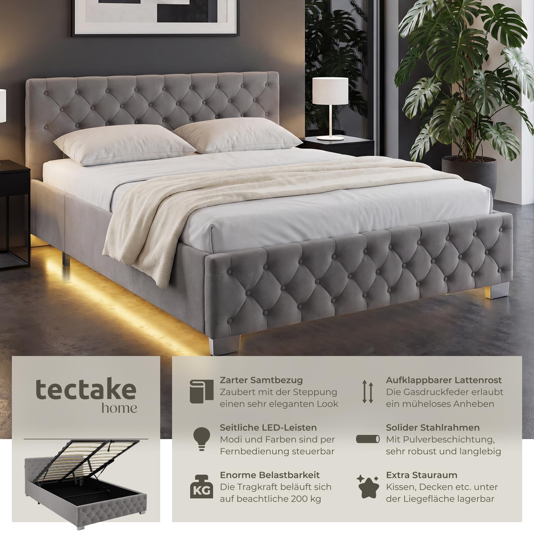 tectake® Polsterbett, 120x200cm, mit LED-Beleuchtung, 200kg Belastbarkeit, Stauraum, Gasdruckfeder, Chesterfield Samtbezug, Bettgestell, Lattenrost, Schlafzimmermöbel, Bettkasten - dunkelgrau