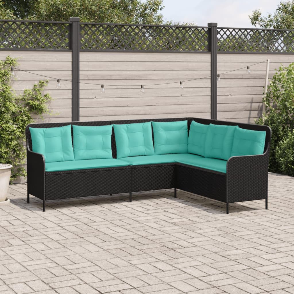 Divano angolare da giardino a forma di L, 5 posti, in polyrattan, nero, con cuscino