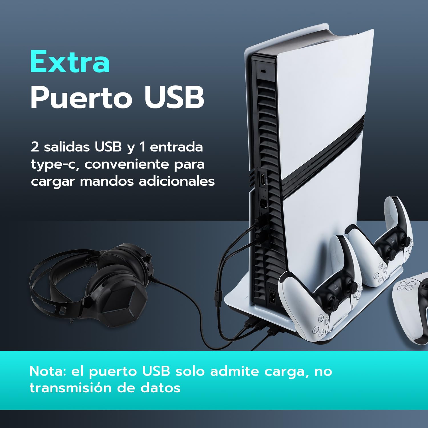Soporte para PS5 Pro/Slim, luces LED, estación de refrigeración con carga dual