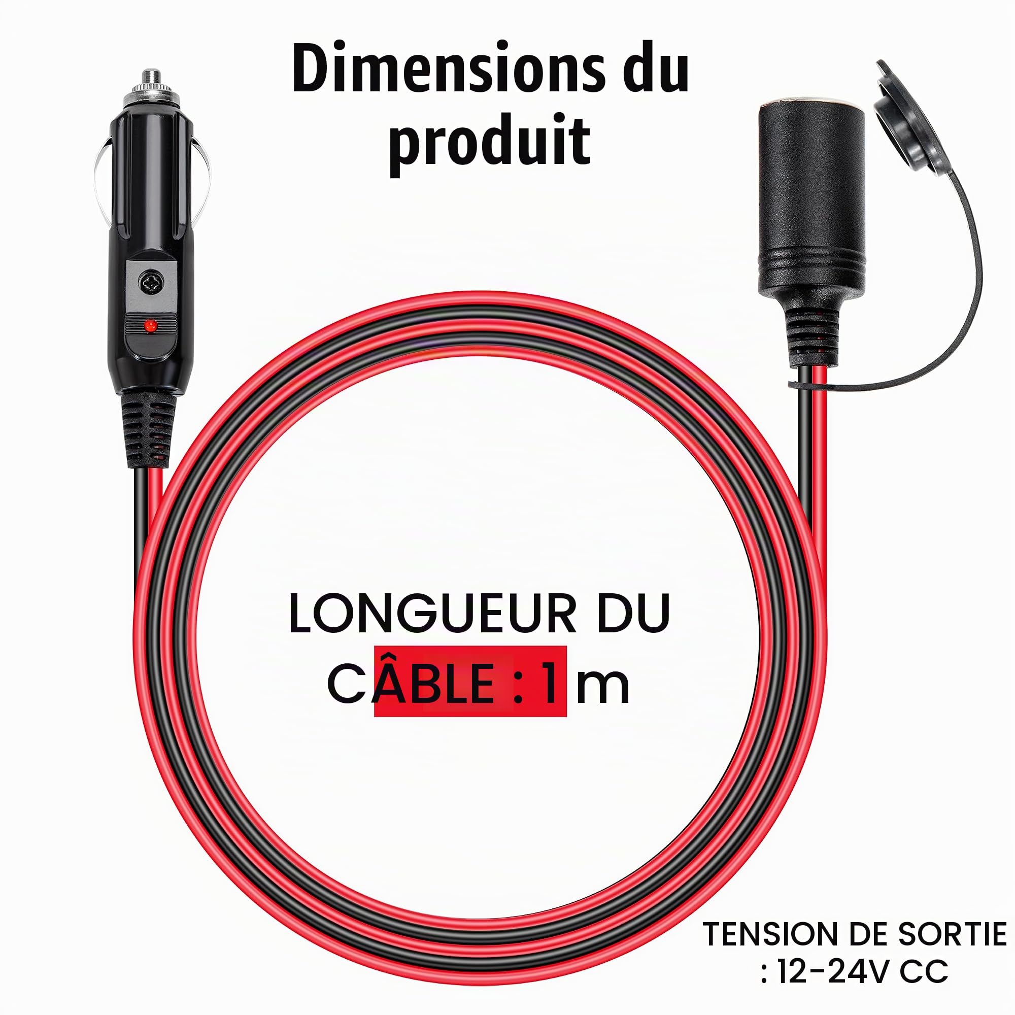 1M Rallonge Allume Cigare 12 V/24 V Prise Allume Cigare 16 AWG Câble d'extension Adaptateur avec Fusible 15A pour Camion Bateau Réfrigérateur Voiture