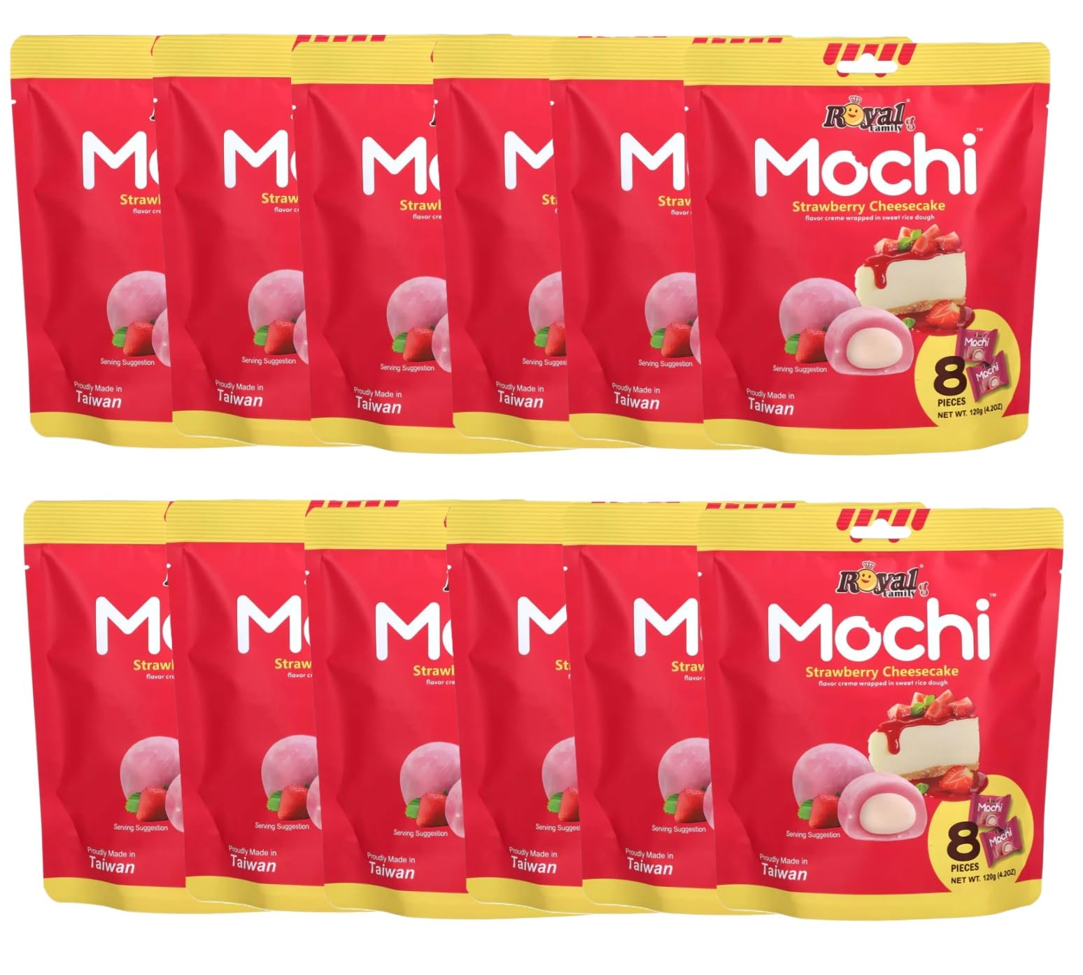 Royal Family Mochi Strawberry Cheesecake. 12x 120 g Reiskuchen mit cremiger Füllung – zart, süß & köstlich. Ideal als Dessert oder Snack