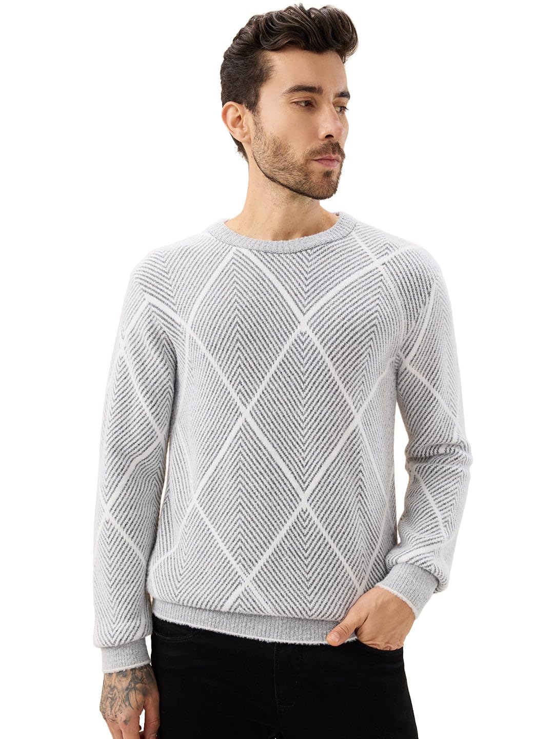 status quo Men's All Over Geometric Textured Full Sleeves Round Neck Sweater-picture-45