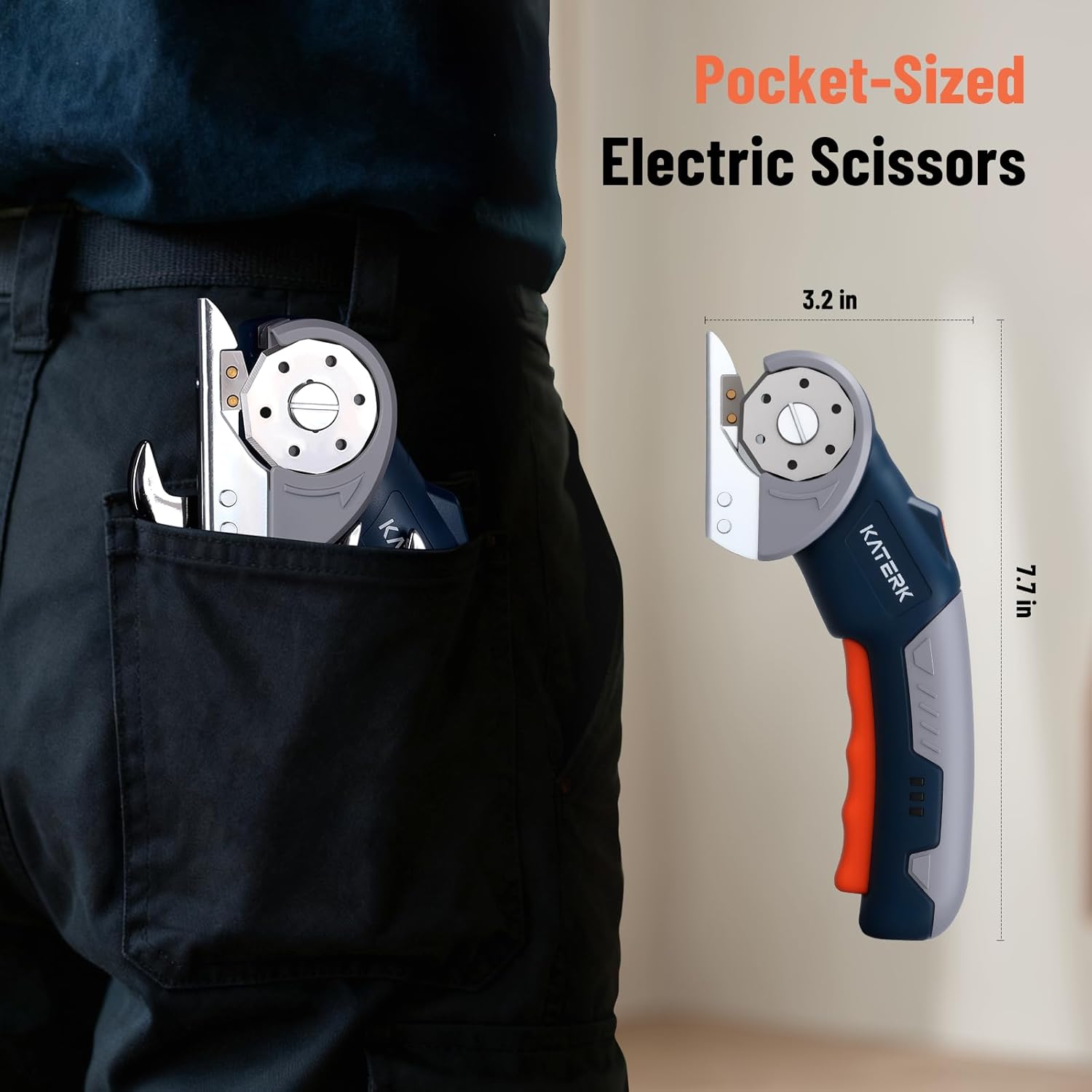 Electric Box Cutter, Katerk Cordless Electric Scissors with Safety Lock & LED Light, Cardboard Cutter, Ambidextrous Use, Rotary Cutter for Fabric, Leather, Plastic, Crafting