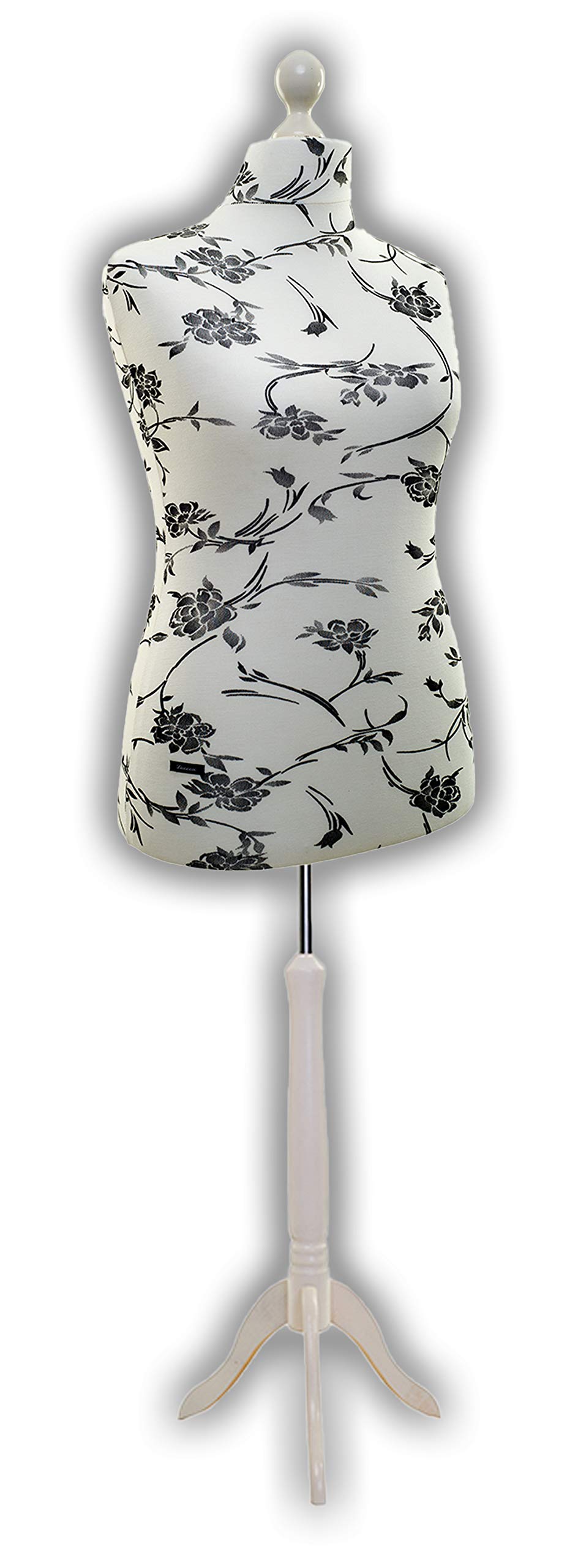 Schneiderpuppe LUCCESI / Größe S - XL (Female) / Torso Size L/XL (42-44) / Bezug Creme-Weiss/florales Muster (schwarz) / Standfuss Weiss / Damen - Schaufensterpuppe