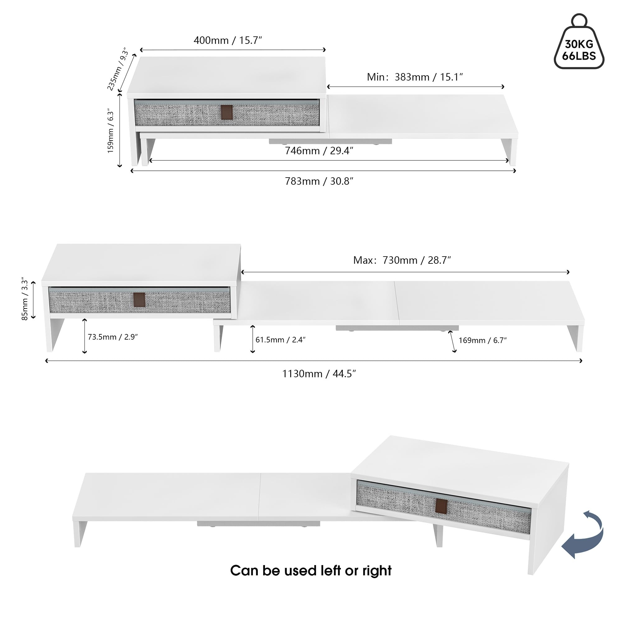 Fenge Dual Monitorständer,Länge und Winkel Einstellbar,108cm,Weiß | Monitorständer mit Schubladen,bildschirmerhöhung 2 monitore,für Computer TV Laptop,(78.3-113)x23.5x15.8cm,Tragfähigkeit 30kg