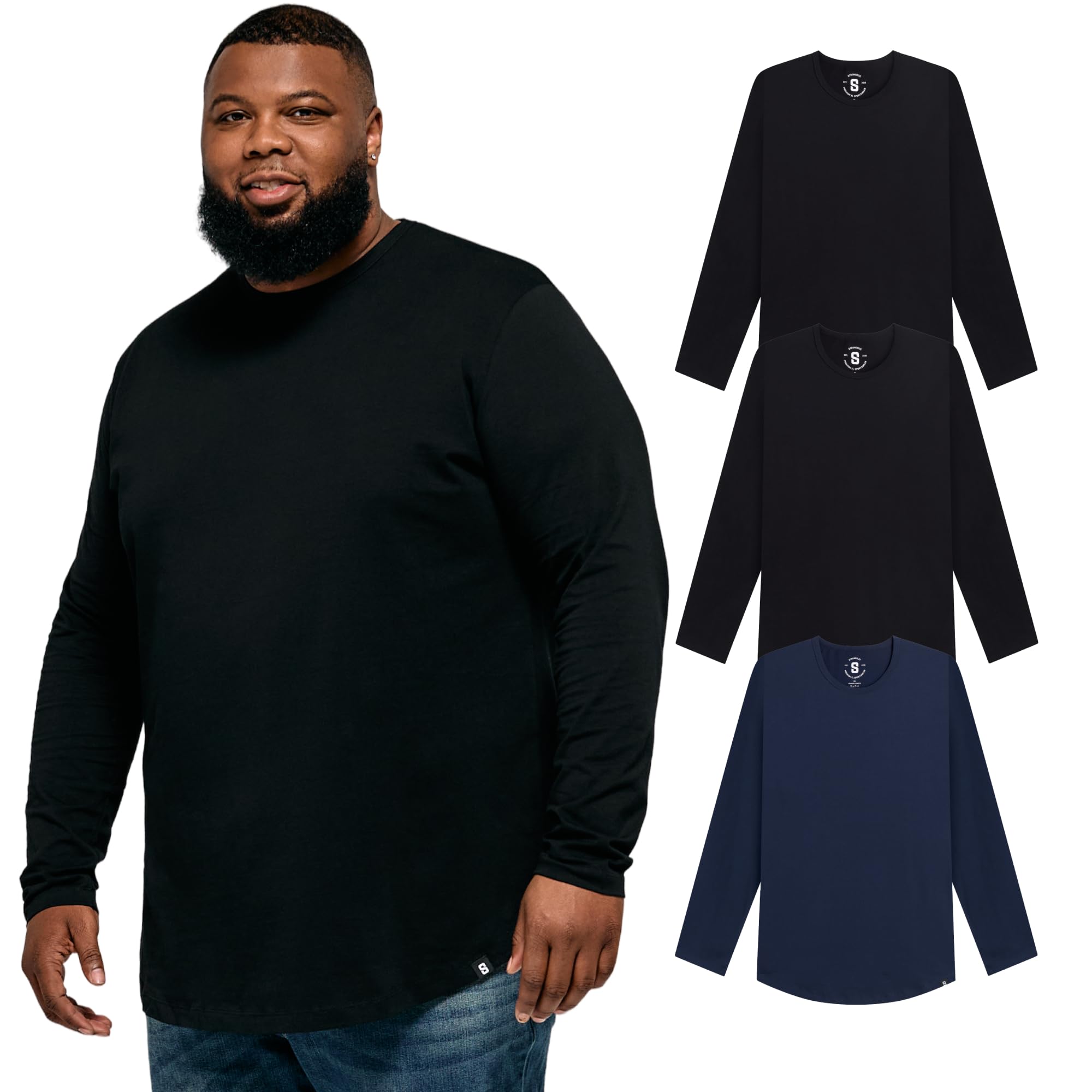 STRONGSIZE Mens Big and Tall Long Sleeve T-Shirts Stretch Cotton Long Sleeve Tee Longer Length Crewneck Sizes XL