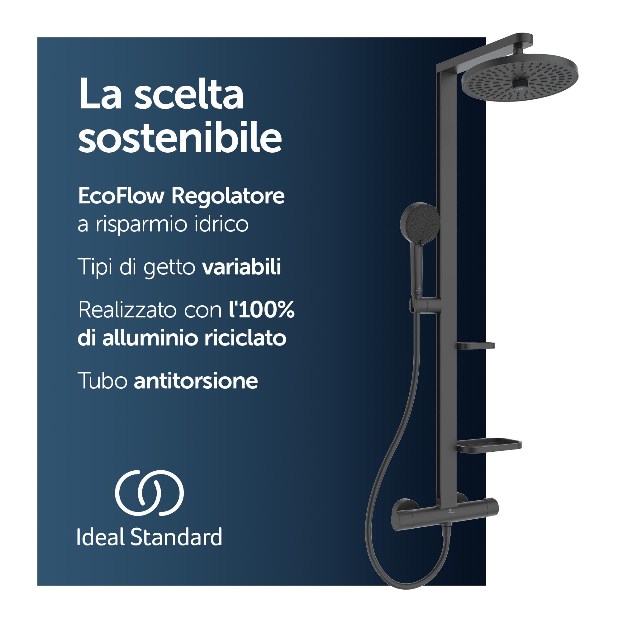 Ideal Standard Ceratherm Alu+ Colonna doccia, Realizzato con l'100% di alluminio riciclato, doccia a risparmio idrico con getti variabili e protezione antiscottatura – Nero Opaco (356x501x1113 mm)