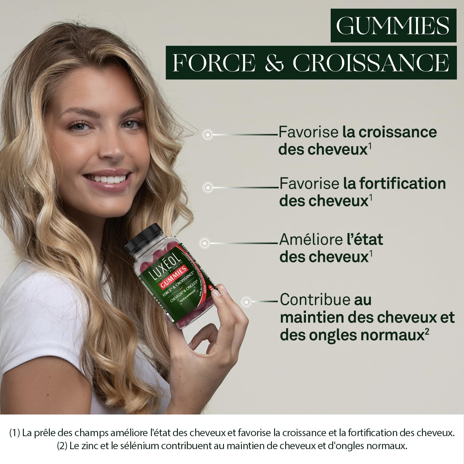 LUXÉOL - Gummies Force & Croissance - Cheveux(2) & Ongles(3) | Complément Alimentaire - Croissance(1) - Arôme Naturel Goût Framboise - Sans Sucres - Fabriqué en France - Environ 60 gummies