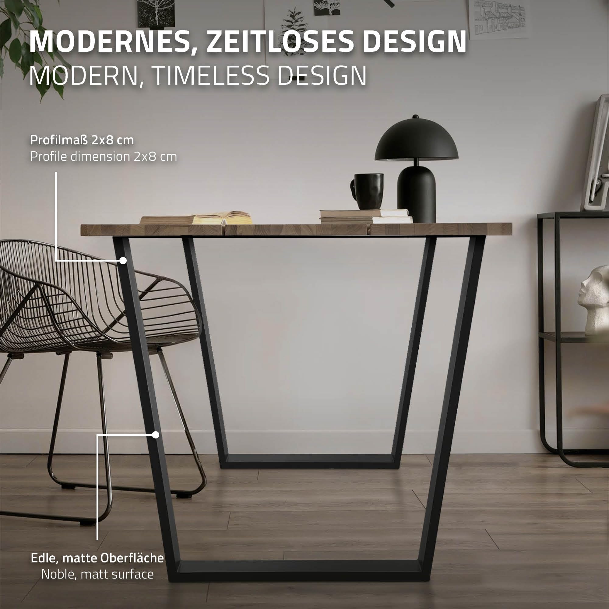 ML-Design Jeu 2X Pieds de Table Trapèze 75x72 cm, Noir, Forme de V, Profil 8x2 cm, Acier Laqué Époxy, Style Industriel, Incliné, Piétement Métal Table Salle à Manger, Patins pour Projets de Bricolage