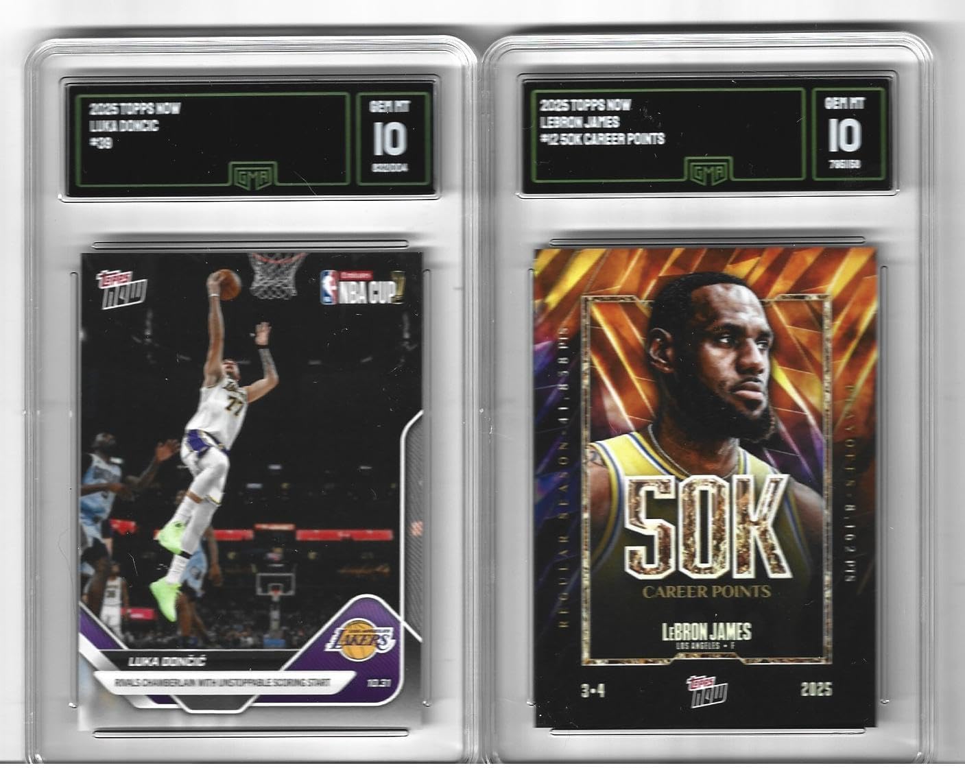 Graded Gem Mint 10 Luka Doncic And Lebron James 2 Card Basketball Lakers Commemorative Lot Historic Scoring Streak By Luka & Lebron Becomes First Player To Score 50k Points. You Will Receive Both cards