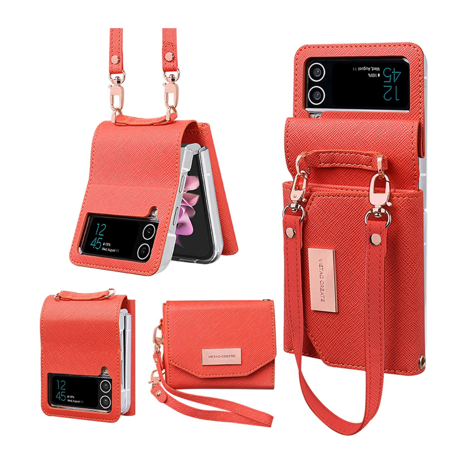 XIMAND for Flip Case with Leather Wallet,Wristlet Strap Zipper Wallet Hinge Part Protected for Samsung Galaxy Z Flip 3 5G,Fashion Handbag Gift for Women Ladys(Light Red)