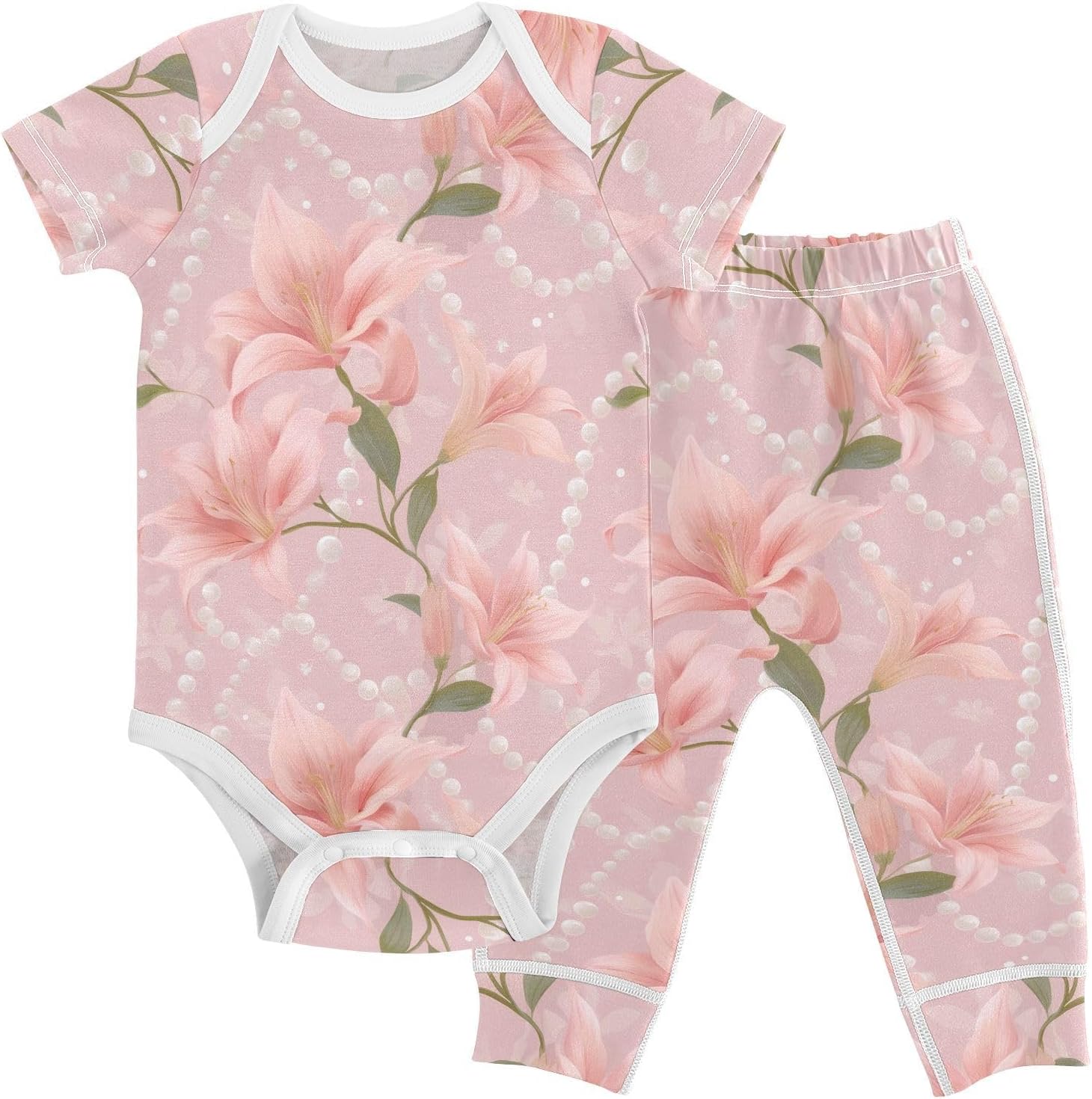 vvfelixl Baby Clothes Elegant Pink Lily Baby Bodysuits Set Unisex Short Sleeve Babys Pants Sets 0-3M