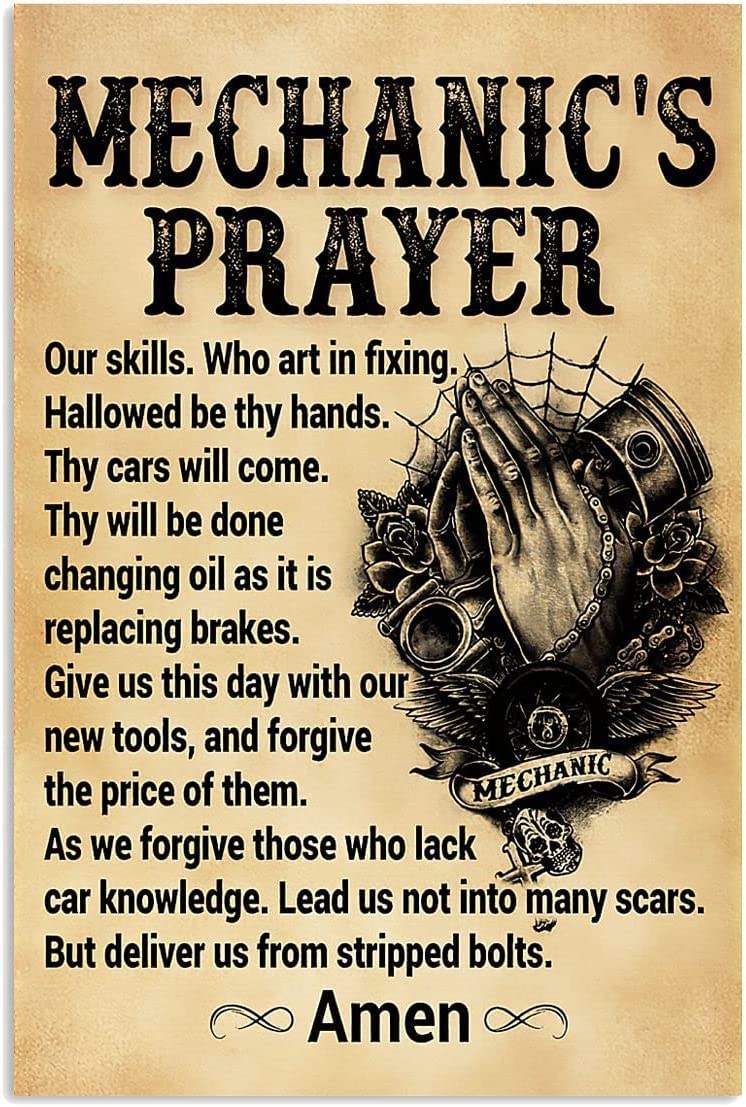 rayprint Mechanic's Prayer Metal Tin Signs Christian Retro Typographic Posters Mechanic Collectible Plaque Vintage Aluminum Sign for Home Garage Farmhouse Wall Decor 8x12 Inches