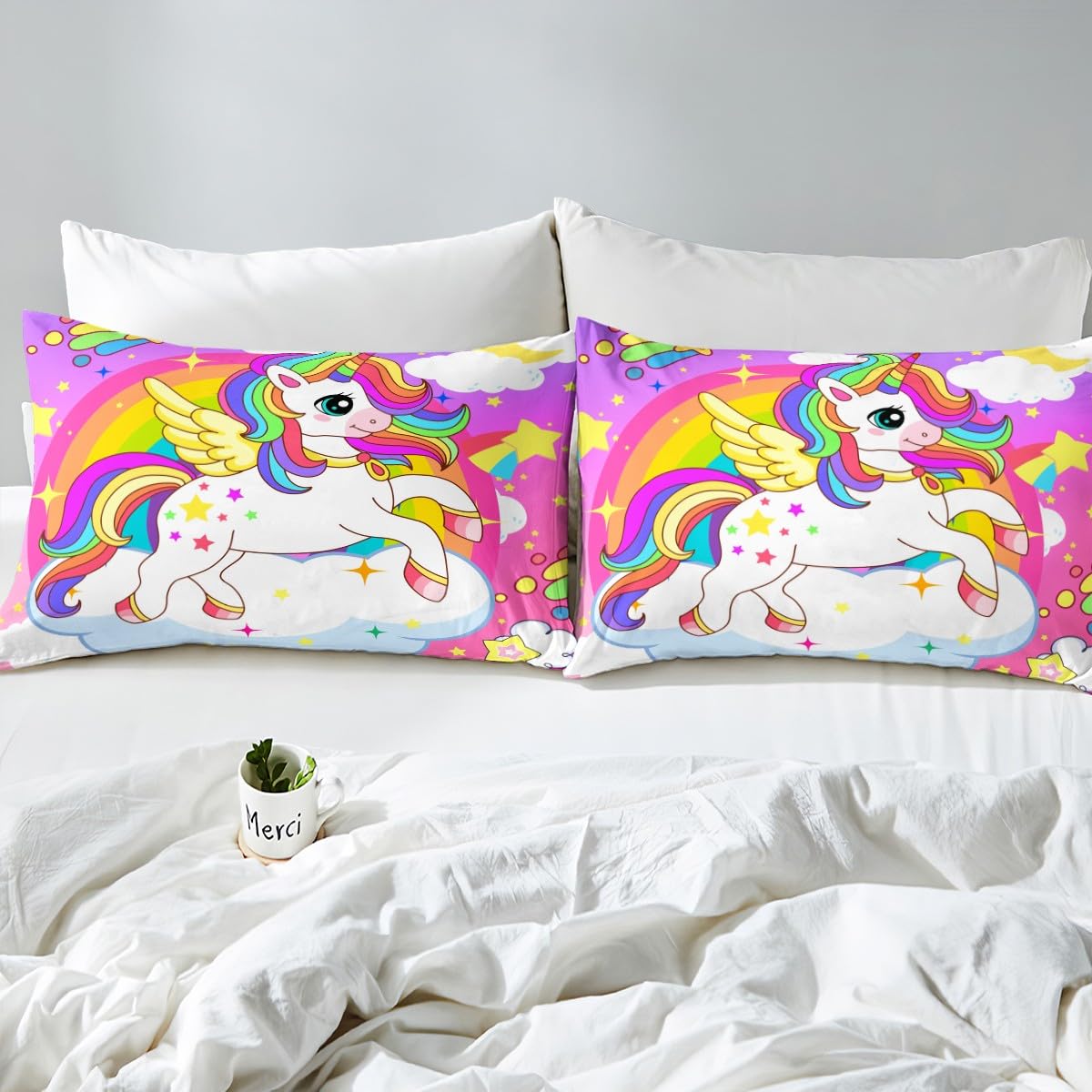 Juego de sábanas de Unicornio para niñas con Bolsillo Profundo, Juego de sábanas de Unicornio Lindo para niñas, Juego de sábanas de Caballo de ensueño para Unicornio mágico Morado, Juego de Cama lige
