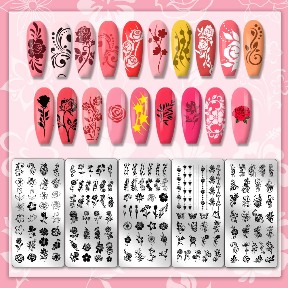 PH PandaHall 5pcs Flower Nail Stamping Plates Rose Nails Art Stencils Swirl Pattern Nail Art Templates Butterflies Naisl Design Stamp with Stamper and Scrape for Women Spring Summer Manicure Salon - Image 3