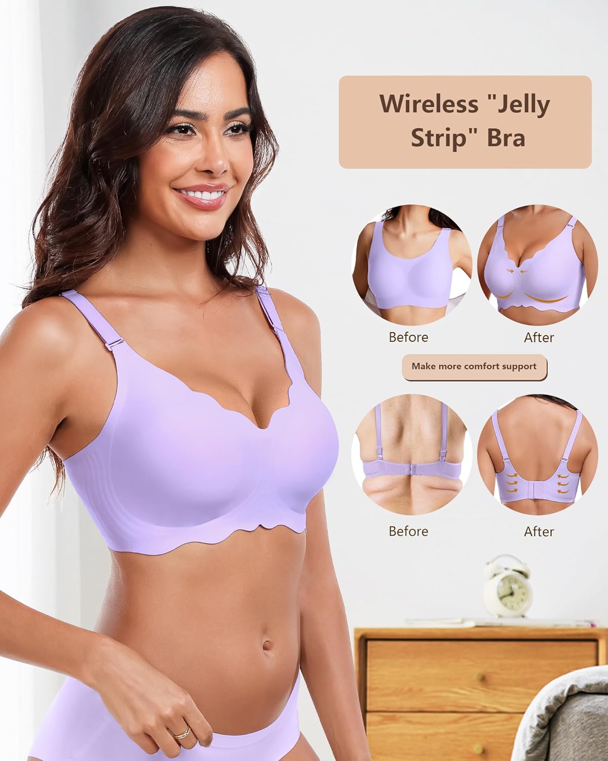 HORISUN Wireless Seamless Bras for Women No Underwire Wavy V Neck Soft Support Full Coverage Comfortable Bra - Image 2