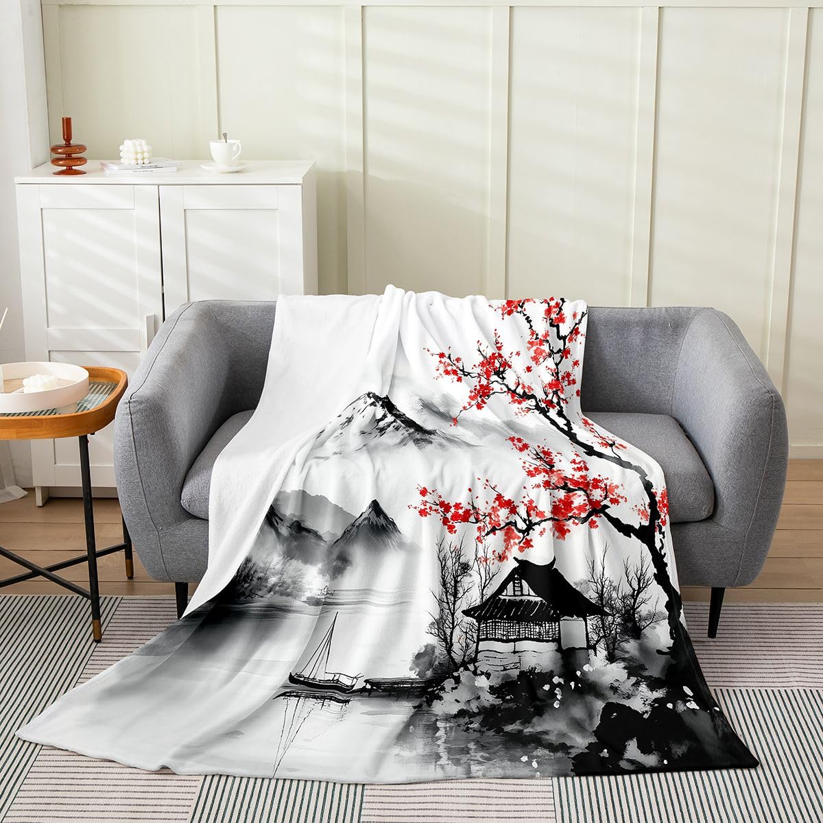 3D Watercolor Chinese Style Throw Blanket,Nature Landscape Fleece Blanket for Bedroom Decor,Mountain PaintingsSuper Soft Bedding for Sofa Couch for All Seasons,Queen 90"x90"