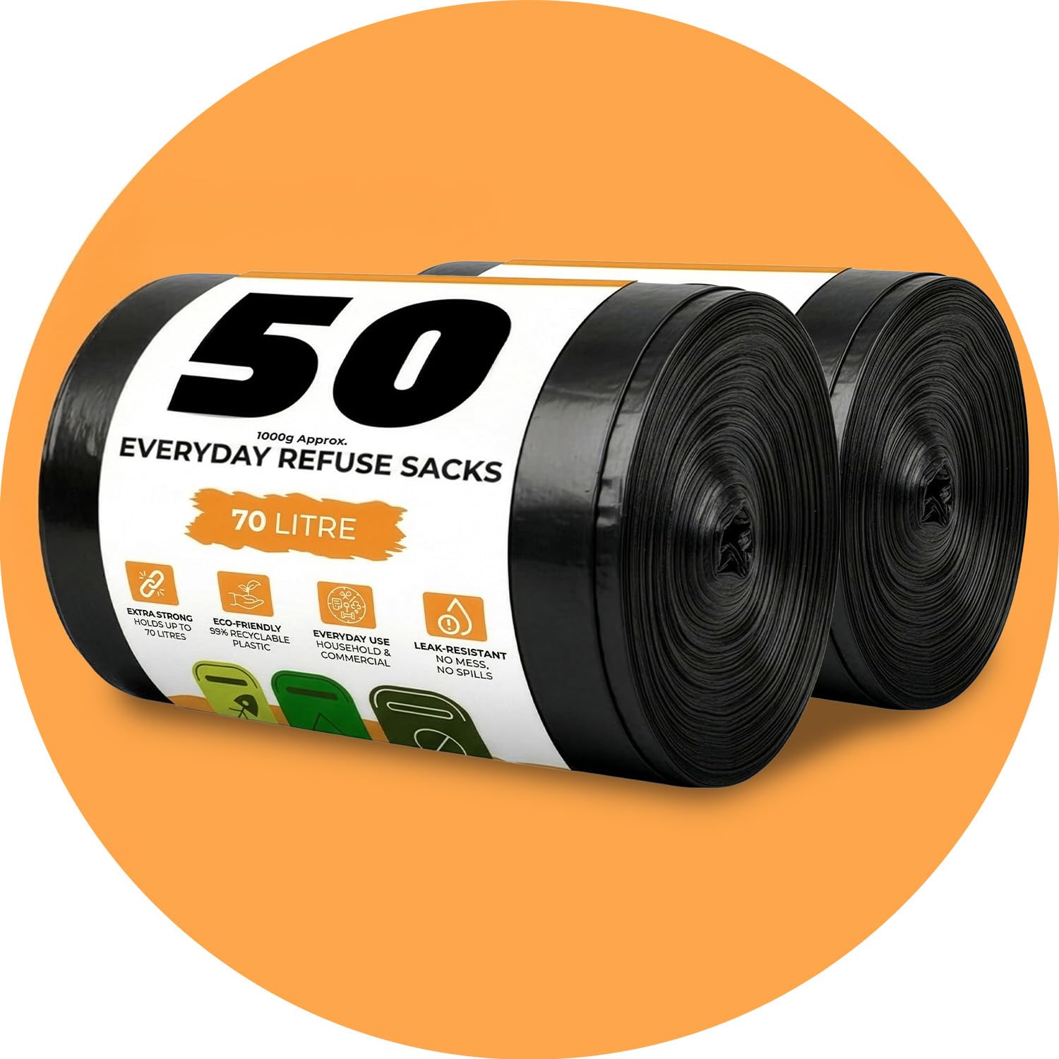 Roe Tenpo 100 Pack Bin Bags - 70L, 30 Microns Bin Liners, Strong & Durable, Tear Resistant Refuse Sack, Black Bin Bags for Everyday Use, Household & Commercial Use