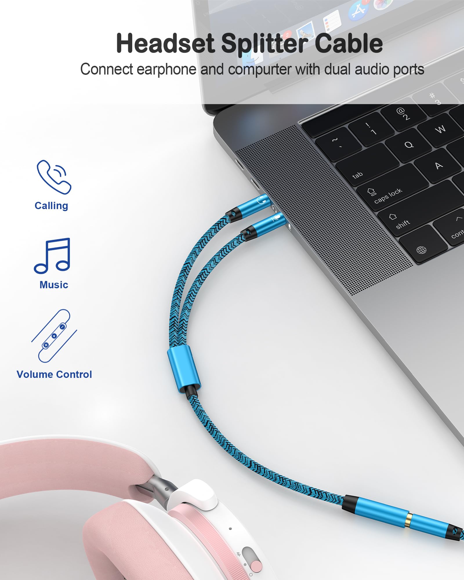 Sdoppiatore audio per cuffie, intrecciato da 3,5 mm femmina a 2 doppi 1/8" maschio TRS stereo Aux Jack adattatore 2 in 1 Y splitter dongle convertitori cavo compatibile con cuffie, microfono