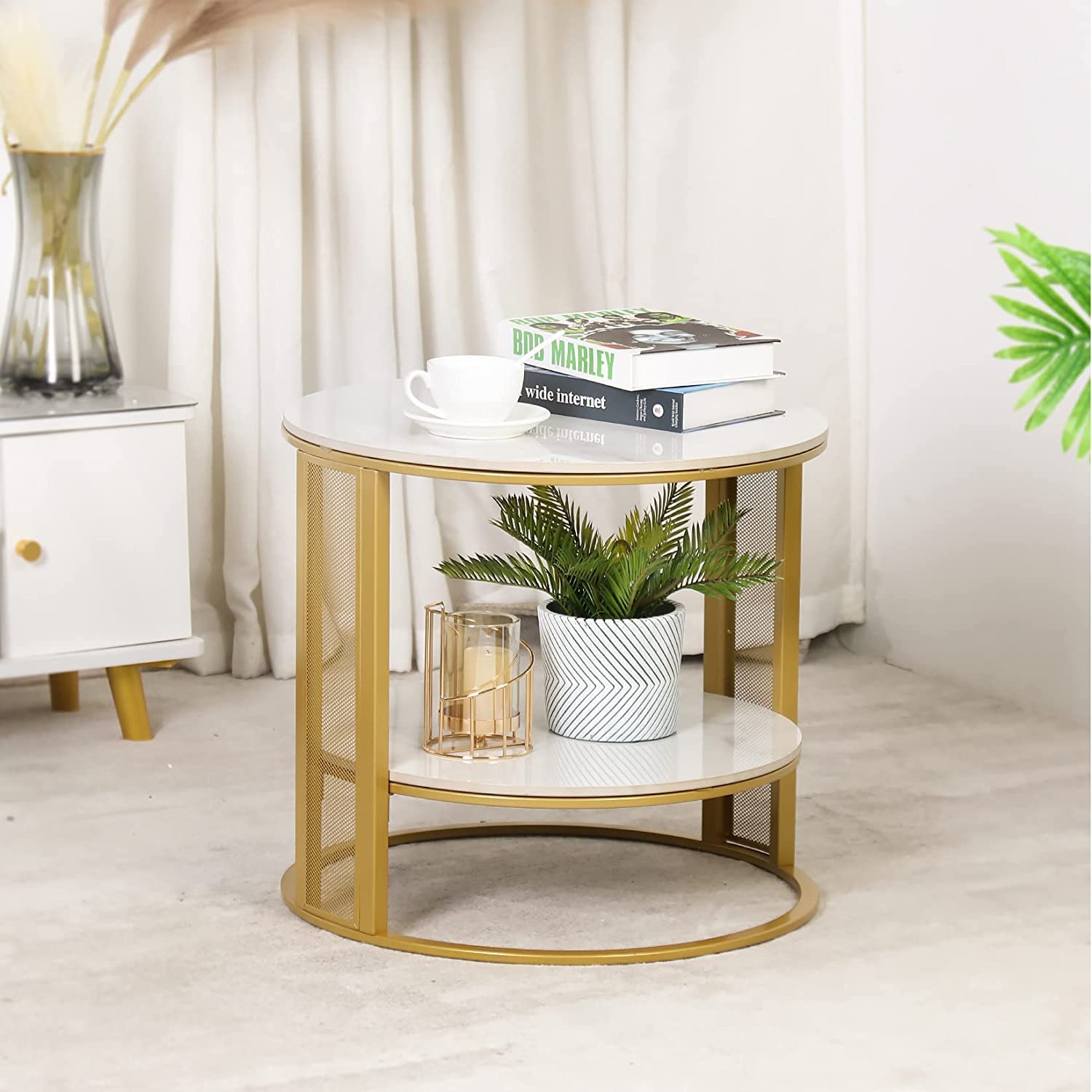 Tavolino Da Caff&egrave; In Pietra Sinterizzata - Design Moderno Con Struttura Oro, 40x40x54cm