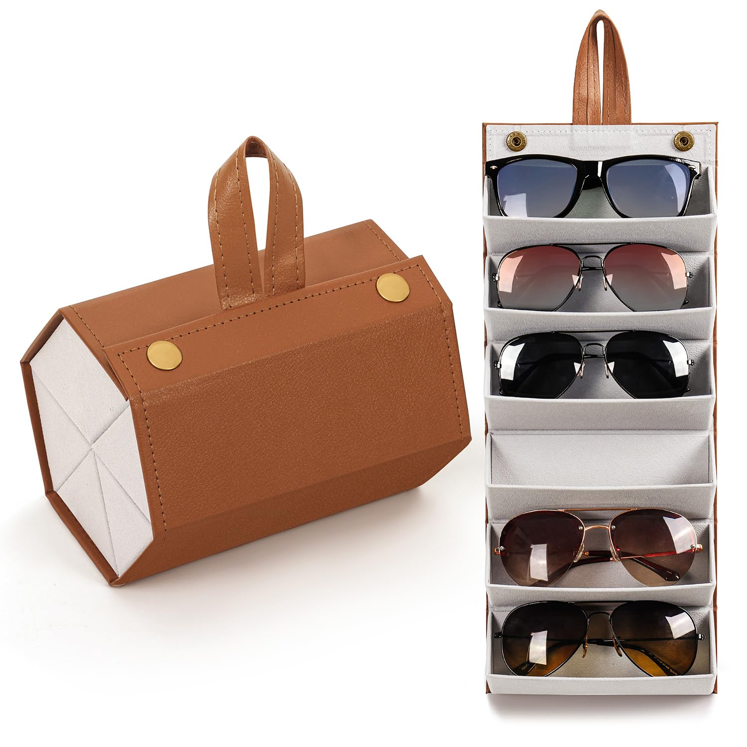 ABOUT SPACESunglasses Organizer Box - 6 Slots PU Leather Portable Lightweight Sunglass Holder with Hanging Strap and Button Closure,Specs Case Box for Women, Men Travel (Brown - L16 x B12.5 x H11 cm)