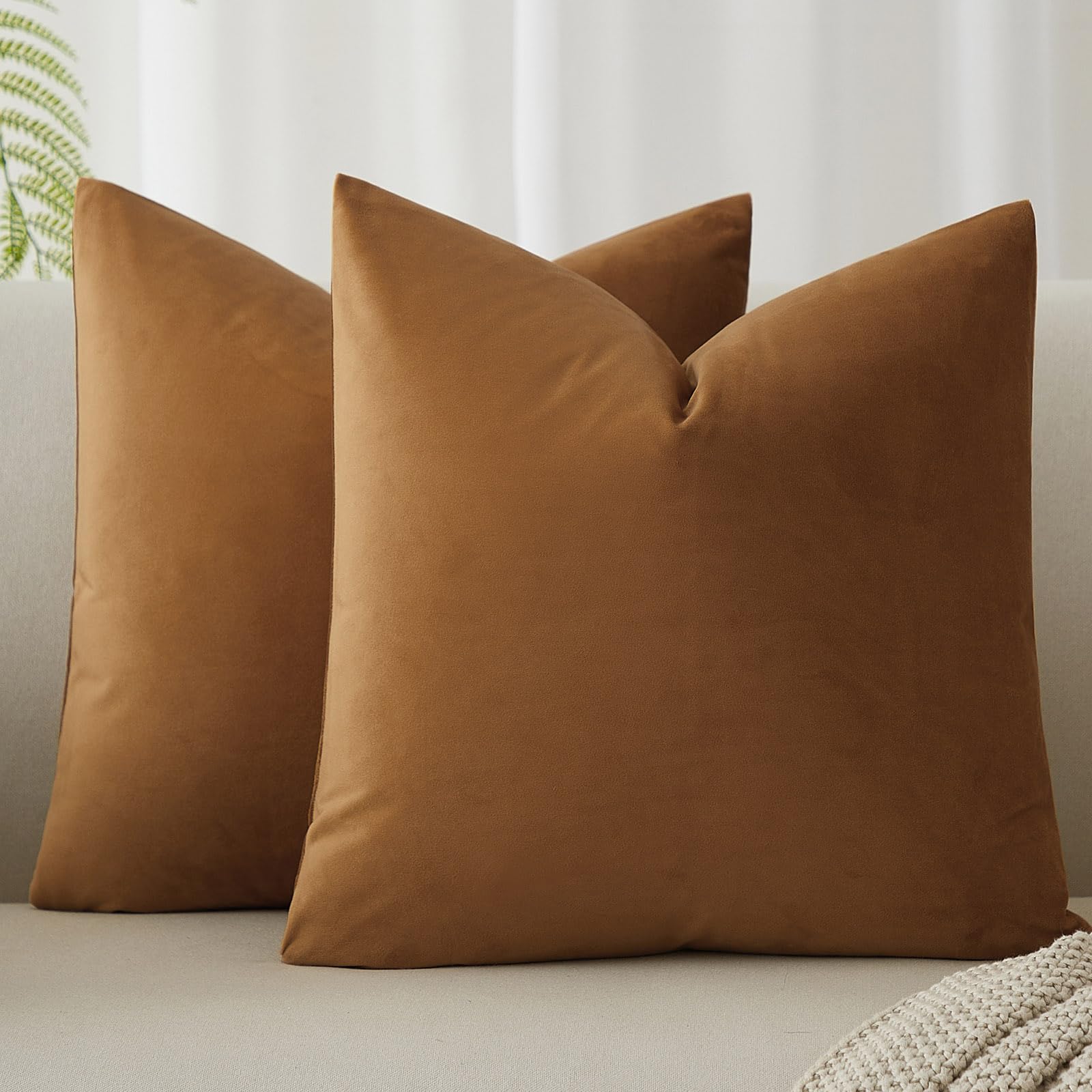 16x16 Velvet Throw Pillow Covers Set of 2 for Couch Sofa Bed,Light Brown